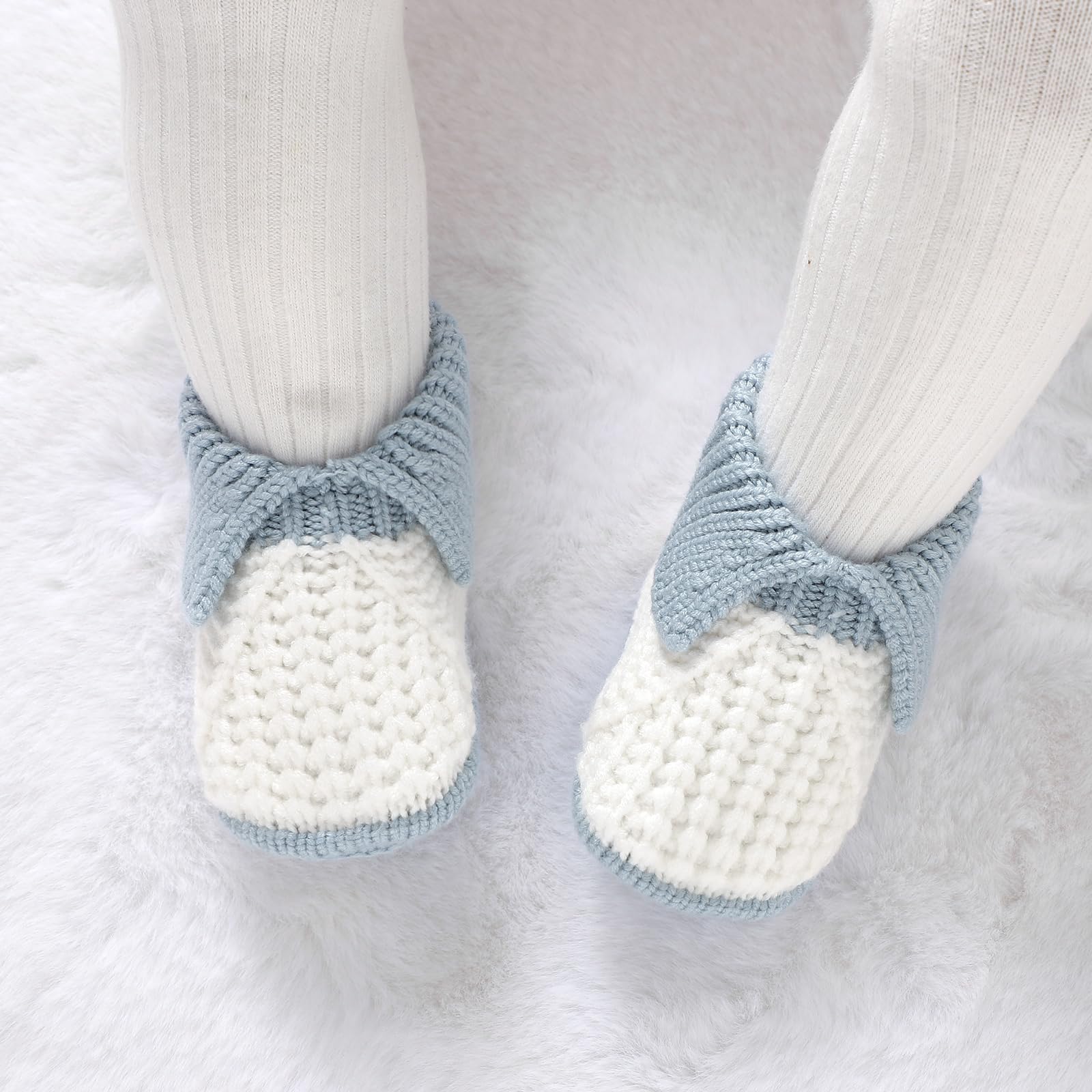Neiwech Baby Booties Newborn Infant Sock Shoes Knit Crochet Soft Cozy Warm Boots for Boys Girls White Blue 0-3 Months