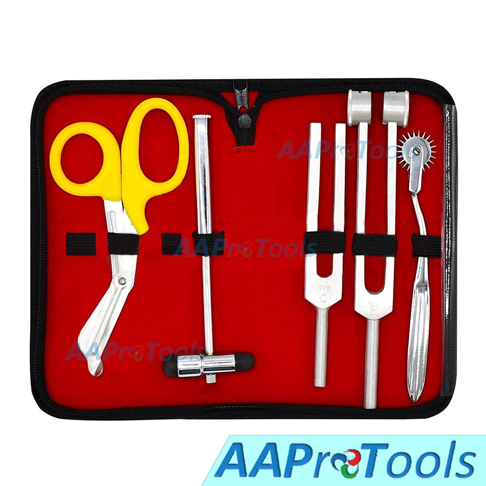 AAProTools 6 Piece Diagnostic Kit Medic Student - Reflex Hammer and Tuning Fork Set C 128 and C 512. Includes a Wartenberg Pinwheel and a Premium Yellow Steel Bandage Scissor 7.5”