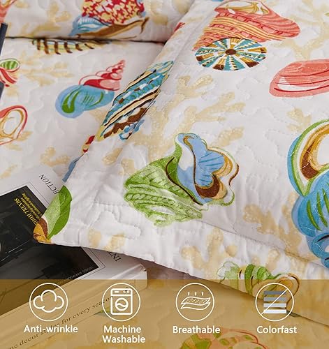 Miniatura 9 de CHESITY Juego de colcha de playa reversible de 3 piezas, tamaño matrimonialqueen, juego de ropa de cama costera para verano, ligero, con diseño de