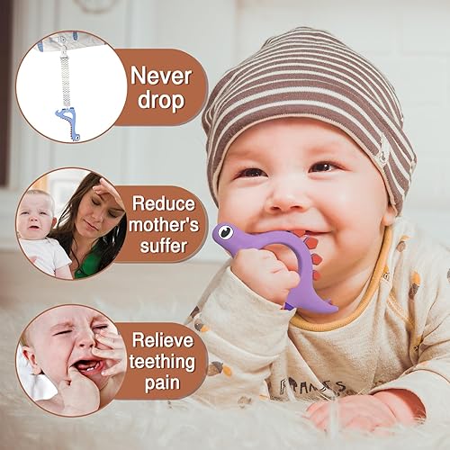 Miniatura 5 de Juguetes de dentición de silicona con cuerda anti caída, juguetes de dinosaurio para bebés, juguetes de dentición para bebés de 0 a 6 meses,