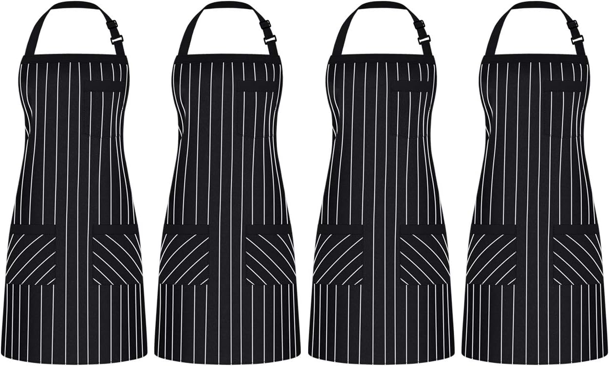 Syntus 4 Pack Adjustable Bib Apron with 3 Pockets Cooking Kitchen Aprons for Women Men Chef, Black/White Pinstripe