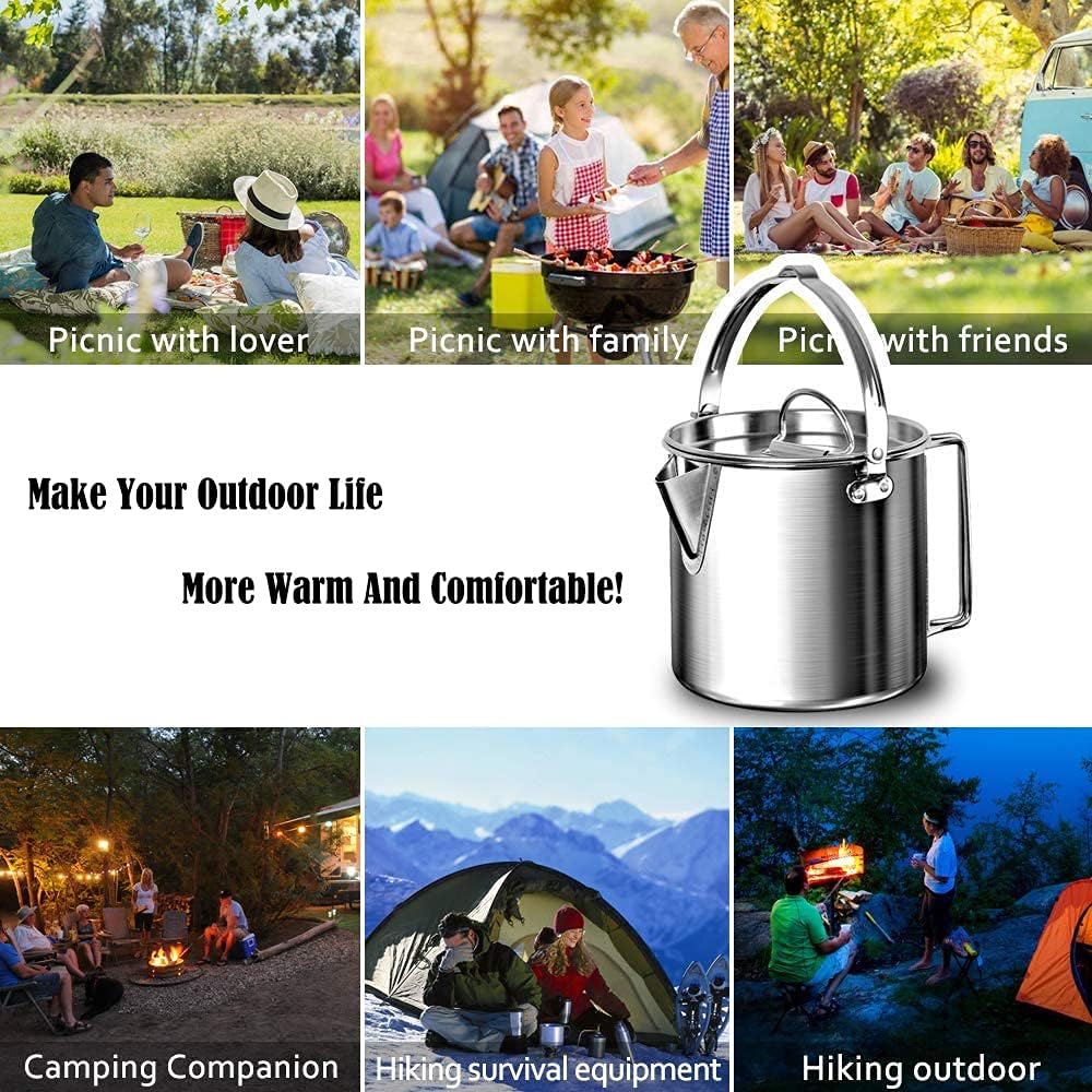 Camping Kettle Pot Stainless Steel Outdoor Cooking Kettle with Handle and Lid for Backpacking Picnic Camping Hiking 1.2L, Carry Bag and 2 Cups Included