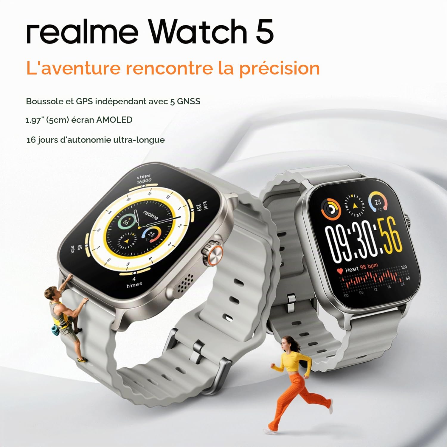 realme Watch 5 Montre Connectée, Bluetooth, NFC, GPS,Argent | Écran AMOLED 1,97", Bluetooth, FC/Sommeil/SpO2, IP68