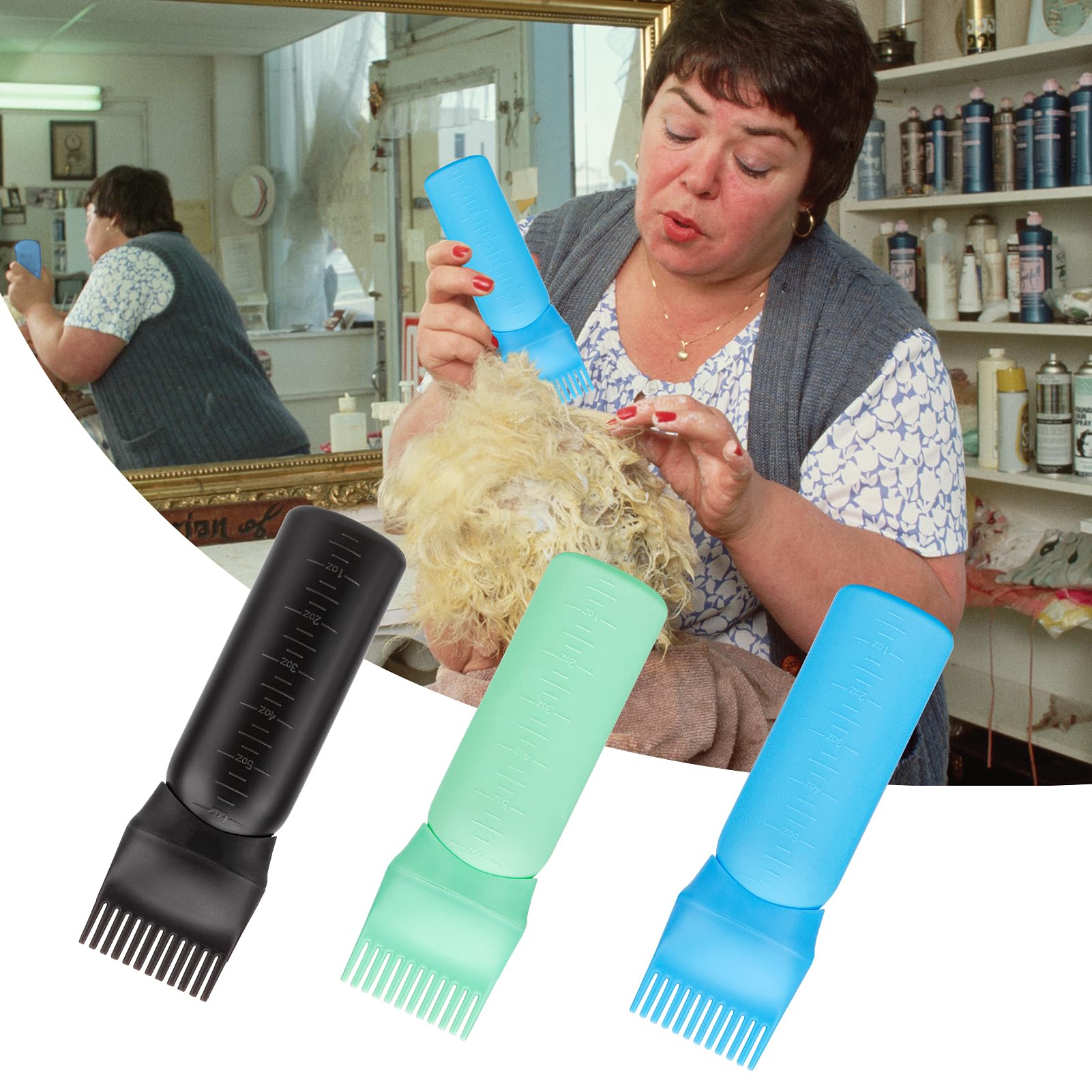 Cosywell Haaröl-Applikatorflasche, 170 ml, Wurzelkamm, Applikatorflasche, Haarfärbe-Applikator-Pinsel für Haarwurzeln, Kamm mit abgestufter Skala (Schwarz, Blau, Grün), 3 Stück