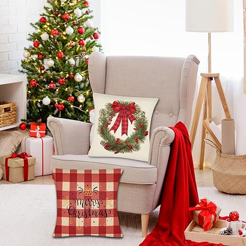 Miniatura 3 de Juego de 4 fundas de almohada de Navidad de 18 x 18 pulgadas, decoración navideña de cuadros rojos, fundas de almohada de Navidad para Navidad,