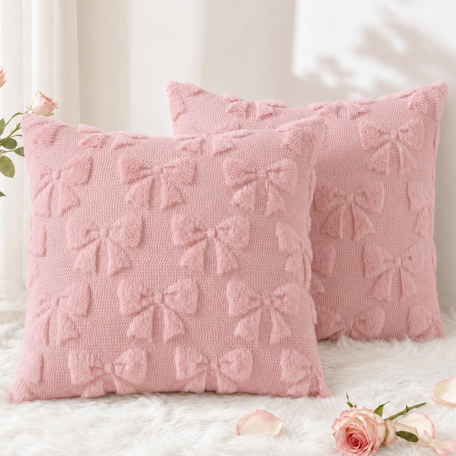 decorUhome Pink Bow Cute Girl Faux Fur Throw Pillow Covers 18x18 Set of 2
