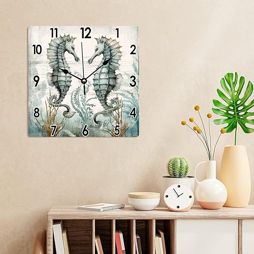 Miniatura 4 de Reloj de pared colgante de caballito de mar en acuarela costera vintage, océano, fondo marino, mundo, animales, PVC, reloj de pared de verano para