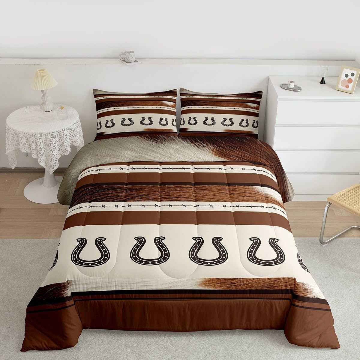 Feelyou Western Bedding Set Rustic Farmhouse Comforter Set Horse Hoof Nail Cowboy Comforter Cover for Boys Girls Teens Decor Cowhide Duvet Set Twin Size with 1 Pillow Case Boys