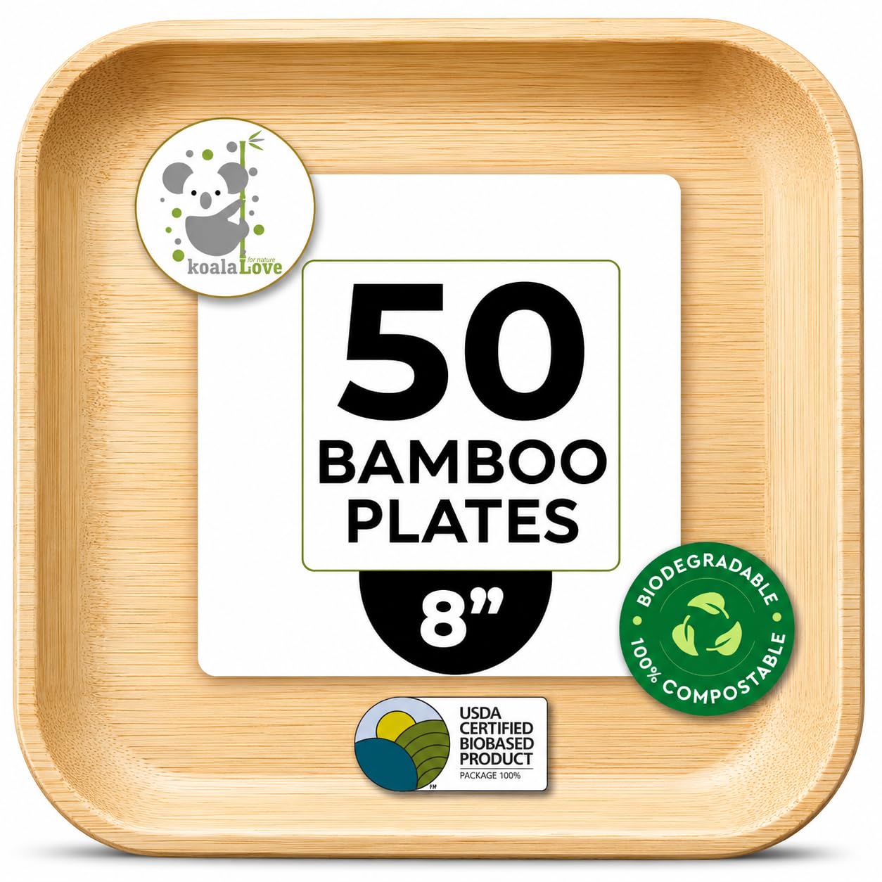 KoalaLove - Platos de bambú desechables cuadrados de 8 pulgadas, paquete de 50 unidades, diseño elegante y resistente, mejor que los platos de papel y plástico