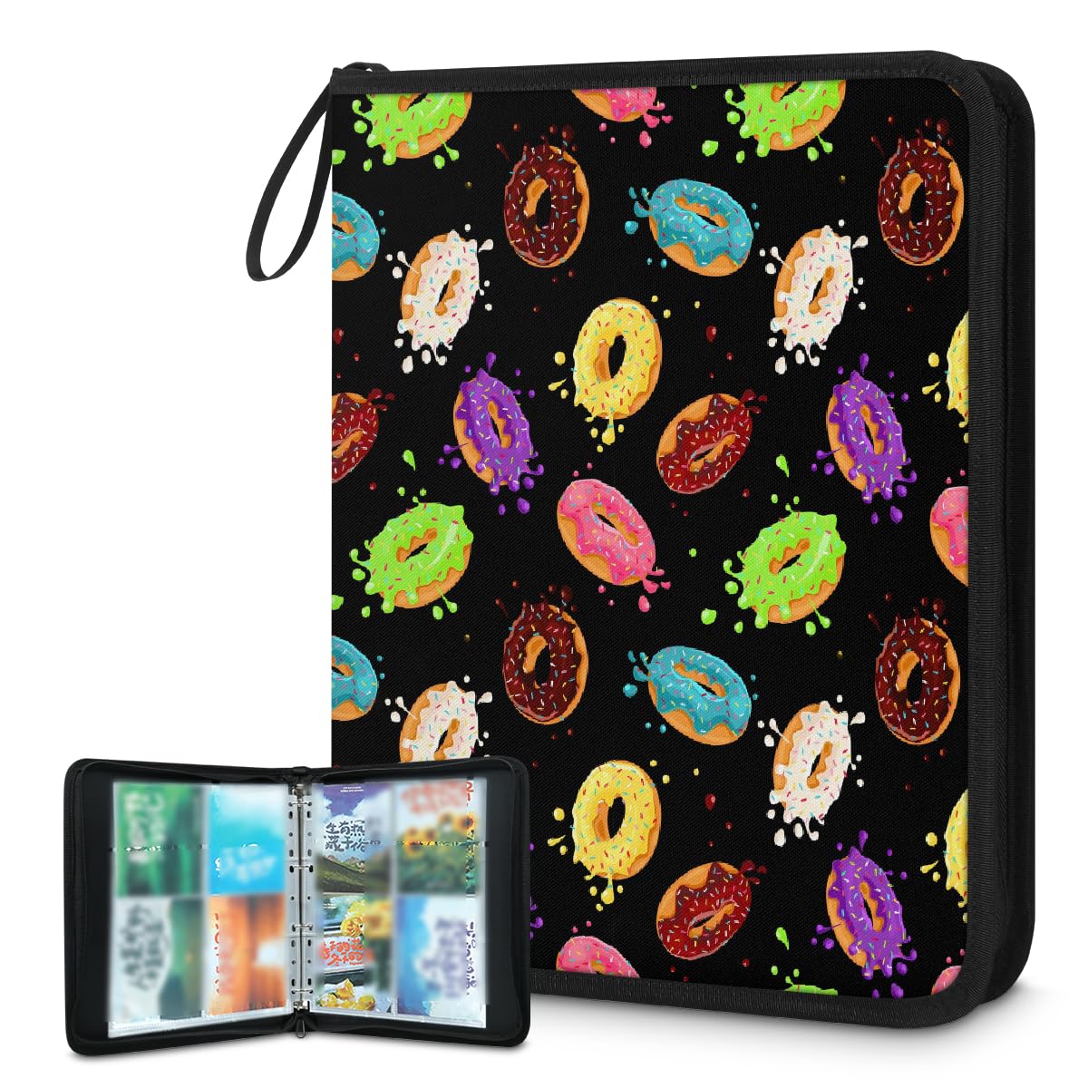 Carpeta de tarjetas coleccionables con 4 bolsillos de colores dulces donuts para tarjetas, álbum de tarjetas con fundas extraíbles, libro de tarjetas impermeable con cremallera, capacidad para 50