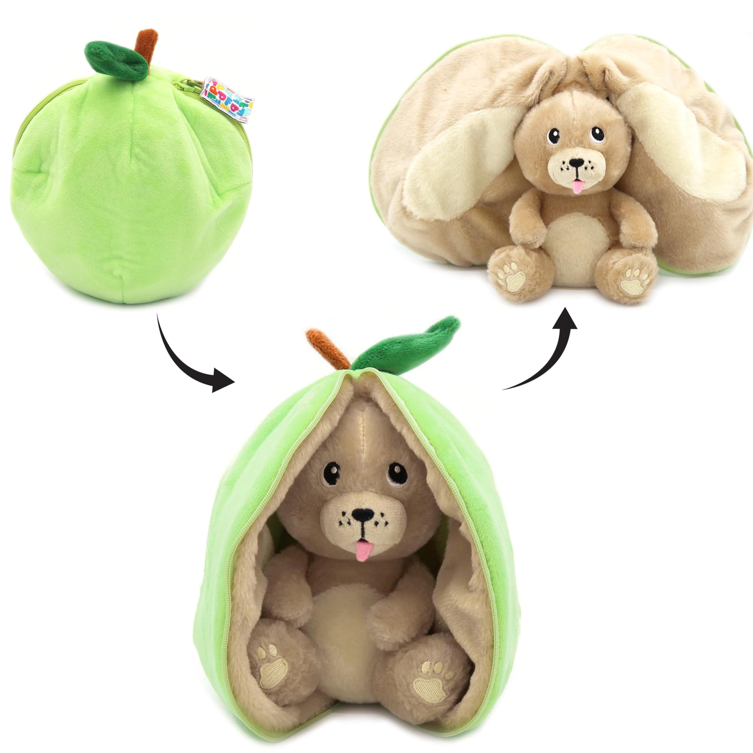 FLIPETZ Crocket The Dog Plushie, Reversible Apple to Dog 2-in-1 Soft Toy, 9 Inch Kids Transforming Plush Toy Cute
