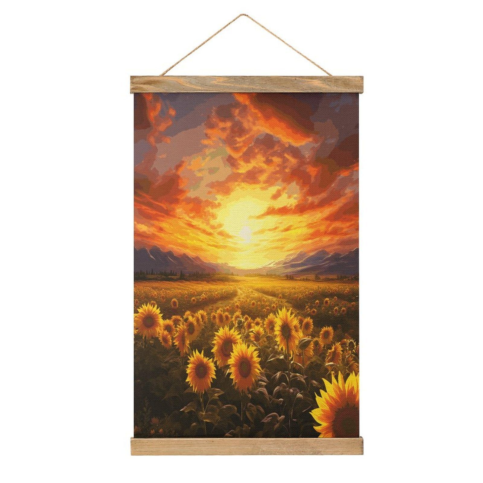 Dreamlike Sunset Of A Sunflower Field Hanging Poster with Wooden Frame Modern Linen Hanging Painting Retro Style Wall Decor Art Painting for Living Room,Bedroom Decor Poster Frame 20.4x13.1inch
