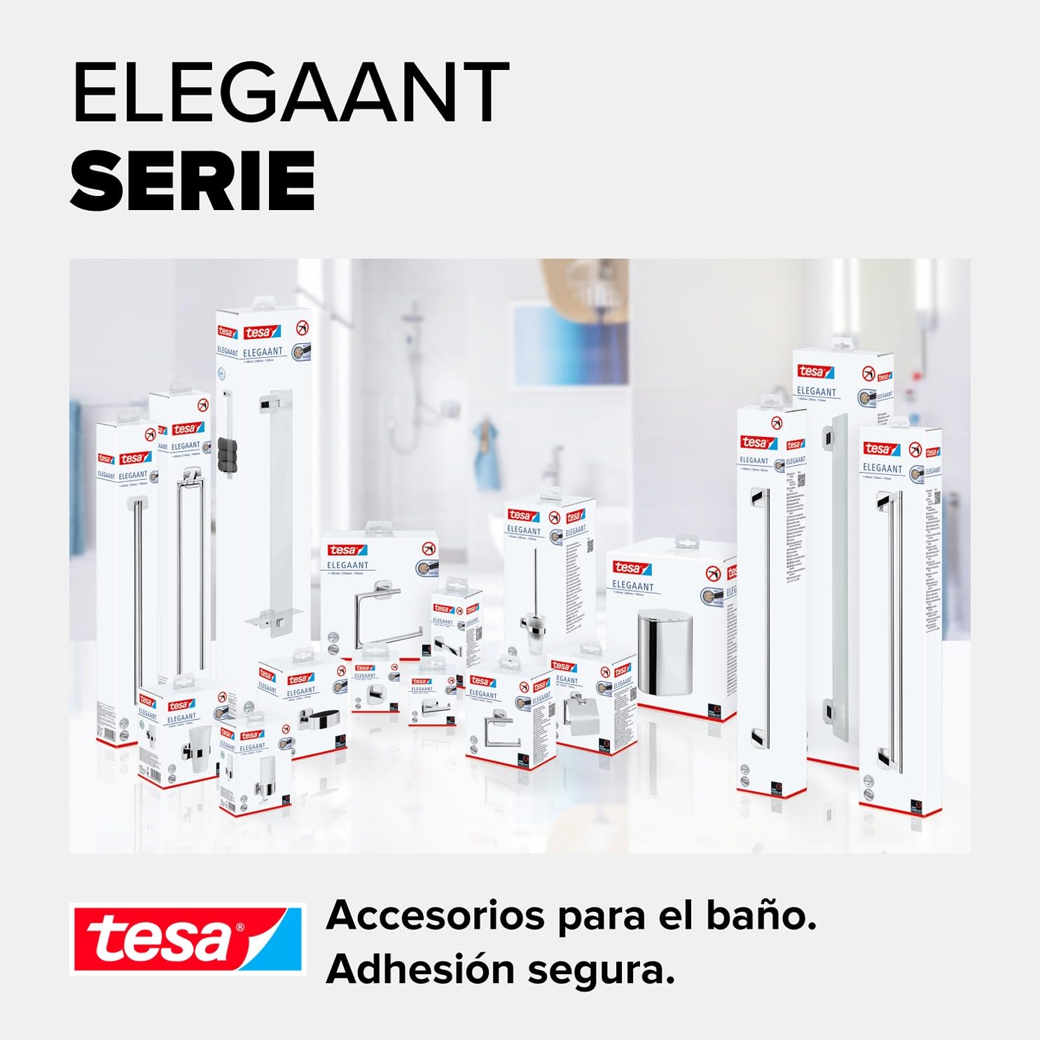 tesa Barra doble Elegaant, autoadhesiva, metal cromado, elegante diseño