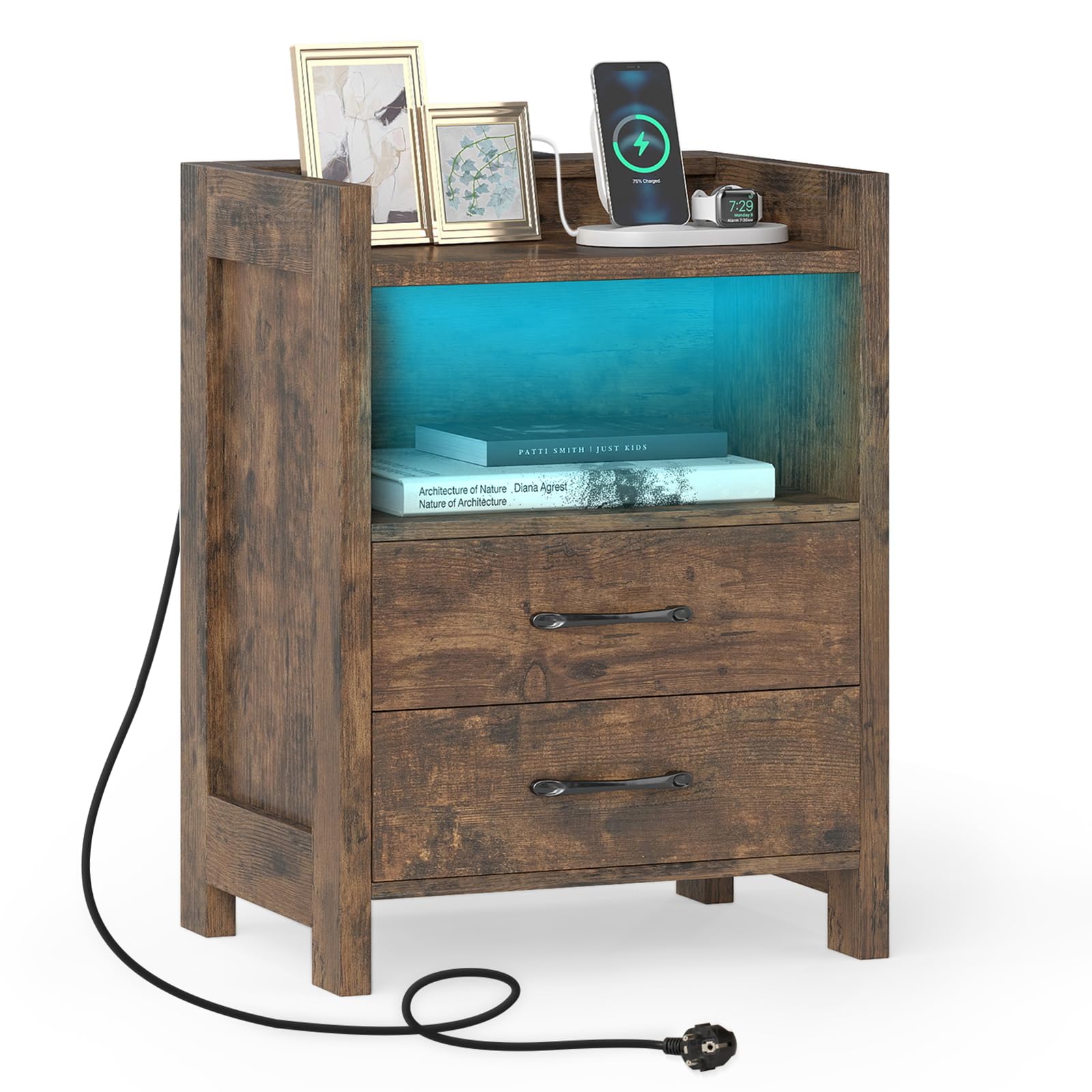 COSTWAY Nachttisch mit LED-Lichtern und Ladestation, Beistelltisch mit 2 Schubladen, offenen Fächern & Fernbedienung, Sofatisch, Nachtschrank für Boxspringbett, 45 x 35 x 60 cm (Rustikal Braun)