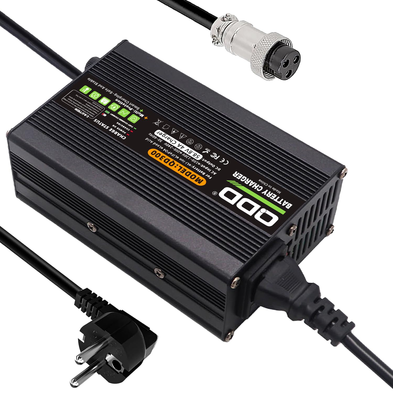 QDD Caricabatterie 58,8 V 4 A Caricabatterie agli ioni di litio 52 V in alluminio nero con uscita ventola di raffreddamento, connettore GX16-3 pin utilizzato per batteria al litio 14S 52 V