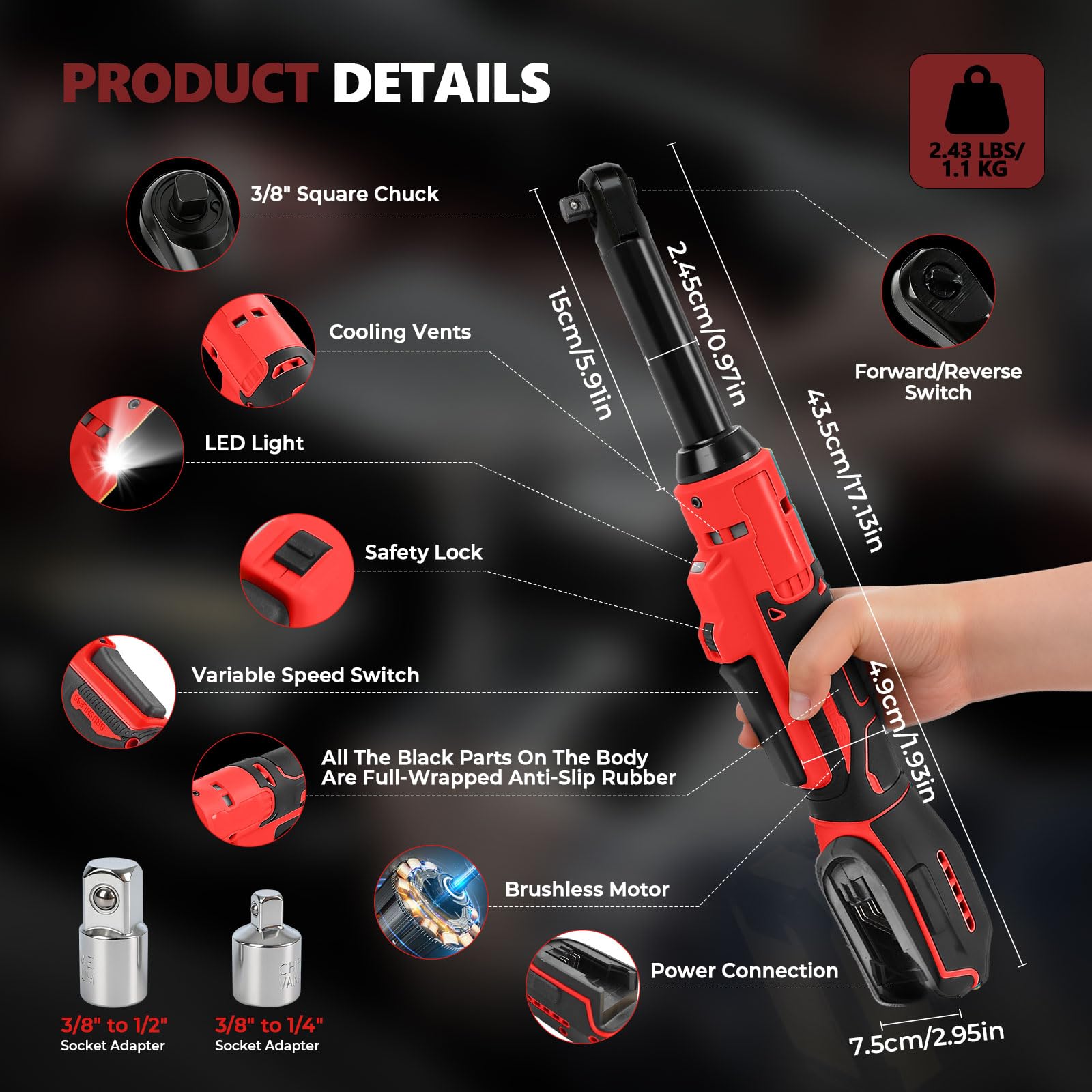 Chiave a cricchetto migliorata a batteria da 3/8" per batteria Milwaukee M18 18 V, 80 N.m, 320 giri/min, velocità variabile, chiave a cricchetto elettrica allungata con illuminazione a LED