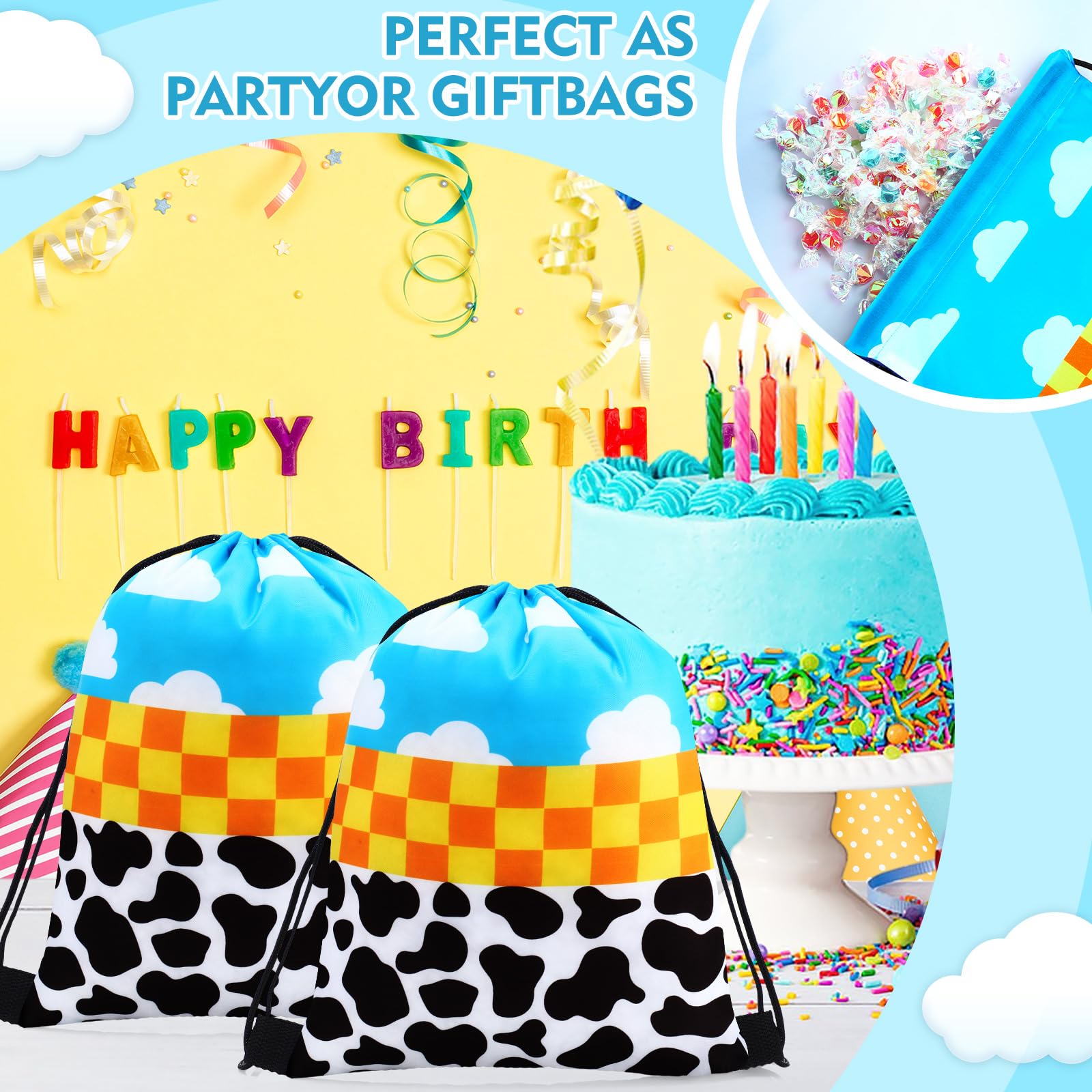 Abbylike 24 Pcs Cartoon Party Favor Bags Birthday Gift Candy Goodies Treat Drawstring Backpacks for Blue Sky Cloud Cow Party Room Decoration Prizes