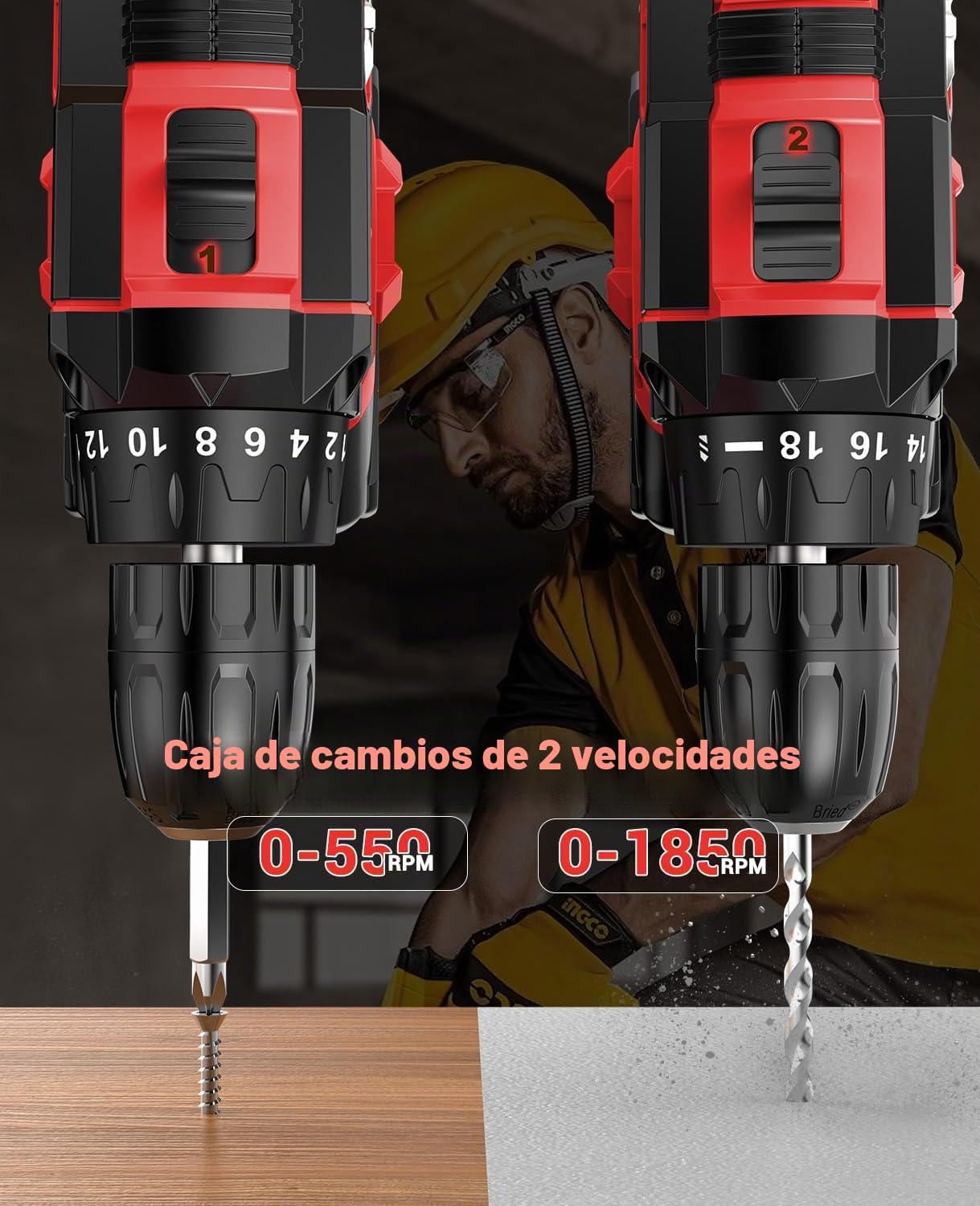 MHPRO Taladro Percutor a Bateria 21V, Taladro Atornillador Bateria con 2 Baterías 2000mAh, 42Nm, 18+1 Ajuste de Par Destornillador Electrico, 14 Accesorios, 2 Velocidad, LED Luz Para Hogar, Bricolaje