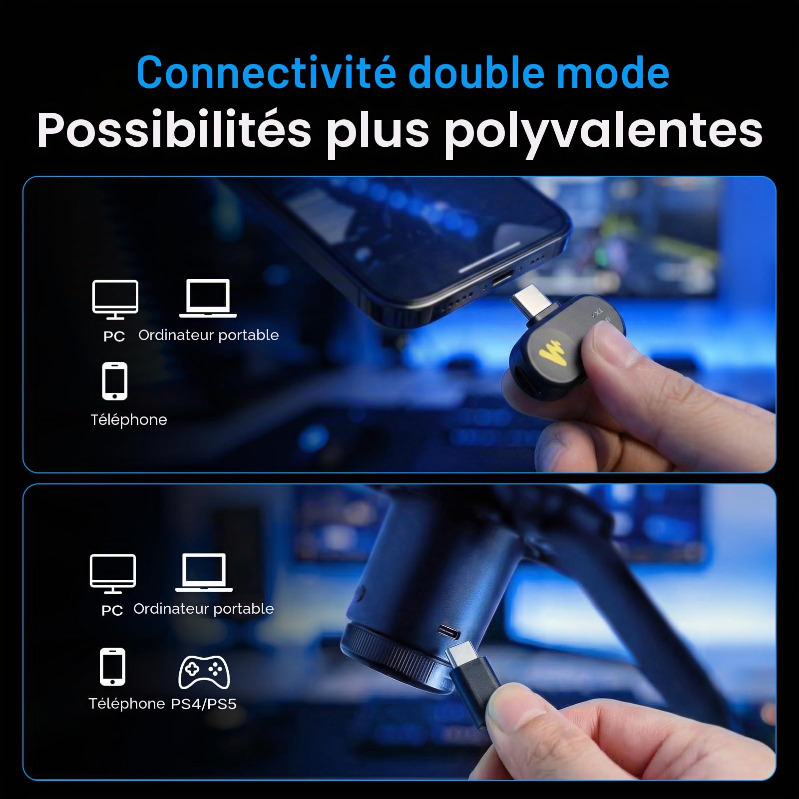 MAONO DGM20W Micro Gaming sans Fil pour PC, Micro USB & 2,4 GHz pour Streaming avec Éclairage RGB, Réduction du Bruit, Logiciel, Tap-to-Mute & Monitoring en Temps Réel pour Gaming, Twitch & Discord