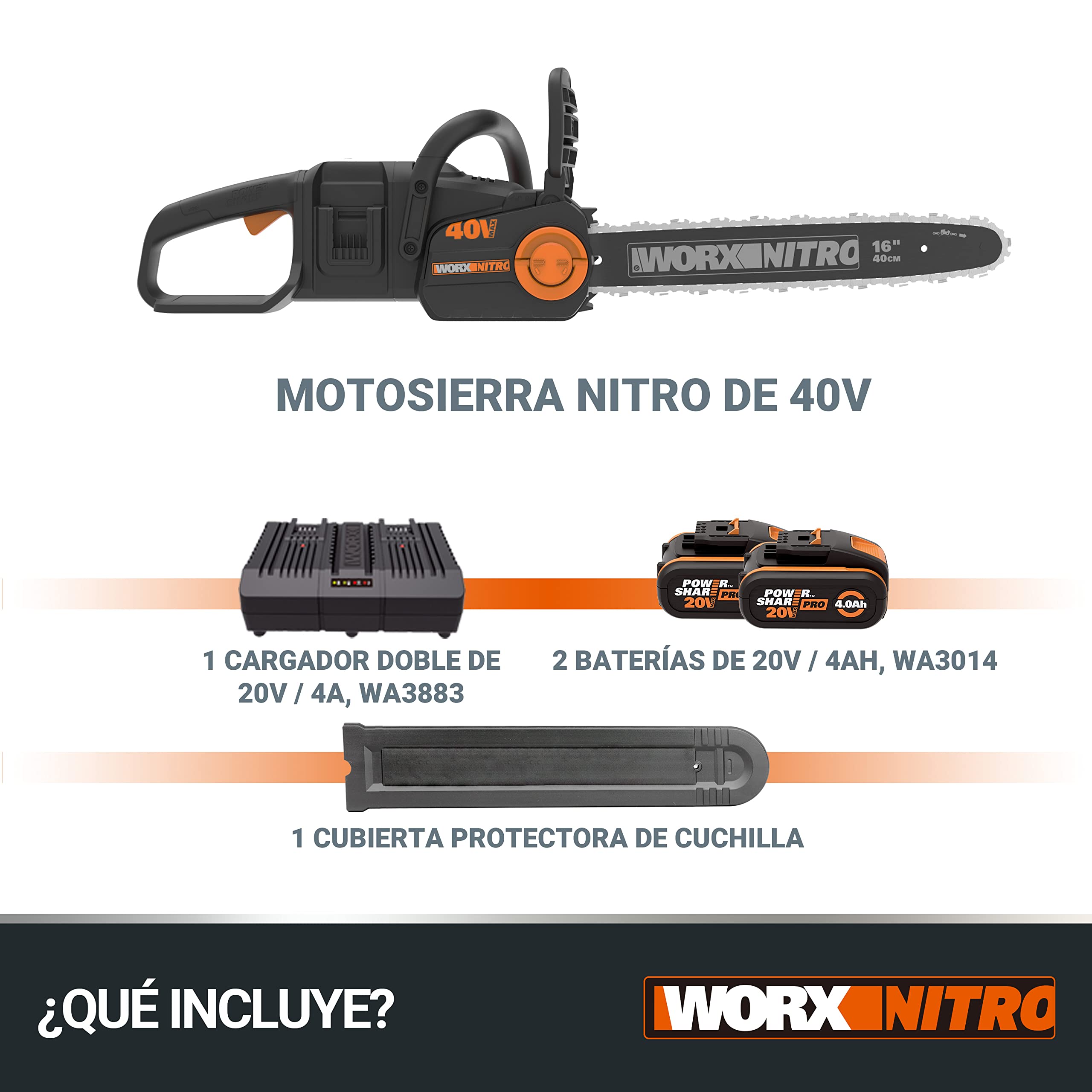 WORX Sierra de cadena a batería 20V Máx. | WG385E | PowerShare | Incluye 2 baterias de 2Ah y cargador doble | 40 cm de espada | Freno de cadena y lubricación automática