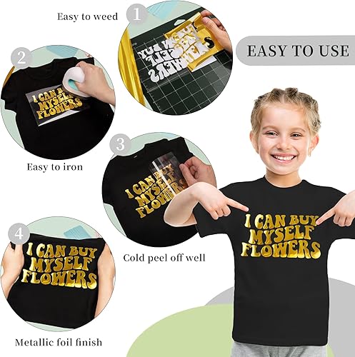 Miniatura 5 de GIRAFVINYL Rollo de vinilo de transferencia de calor, vinilo dorado metálico para planchar de 12 pulgadas x 8 pies, vinilo cromado HTV para ropa