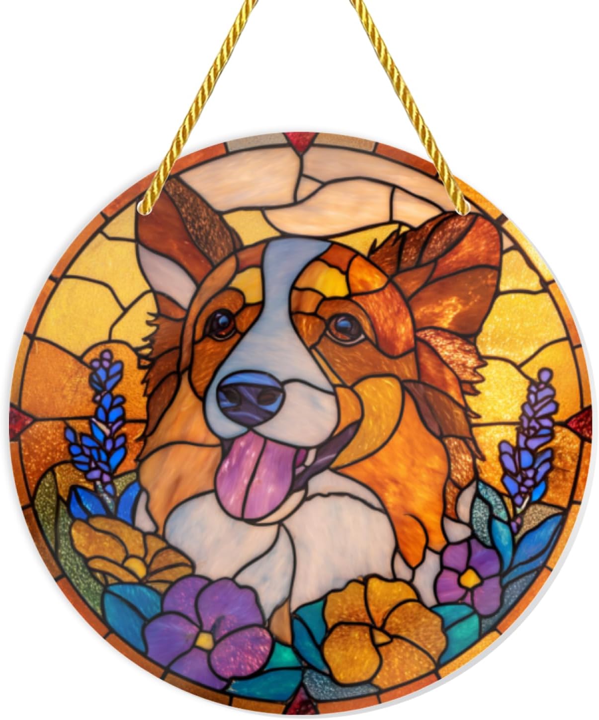 Stained Glass Styles, 1PC Acrylic Hanging Ornaments, Dog Amidst Colorful Flowers, 12×12in Decorative Signs, Rainbow Maker Wall Art Suitable for Pet - lover Home Decor, Kawaii Gifts, Garden