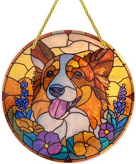 Stained Glass Styles, 1PC Acrylic Hanging Ornaments, Dog Amidst Colorful Flowers, 6×6in Decorative Signs, Rainbow Maker Wall Art Suitable for Pet - lover Home Decor, Kawaii Gifts, Garden