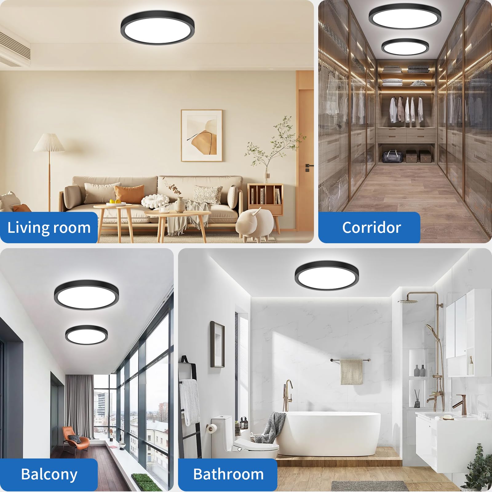 kazazoo Deckenlampe LED Deckenleuchte 18W, 4000K, IP44 Wasserfest Badezimmer Lampe, Ultra Dünn Ø23cm LED Panel, Schwarz Rund Flurlampe Ideal für Bad/Flur/Schlafzimmer/Keller