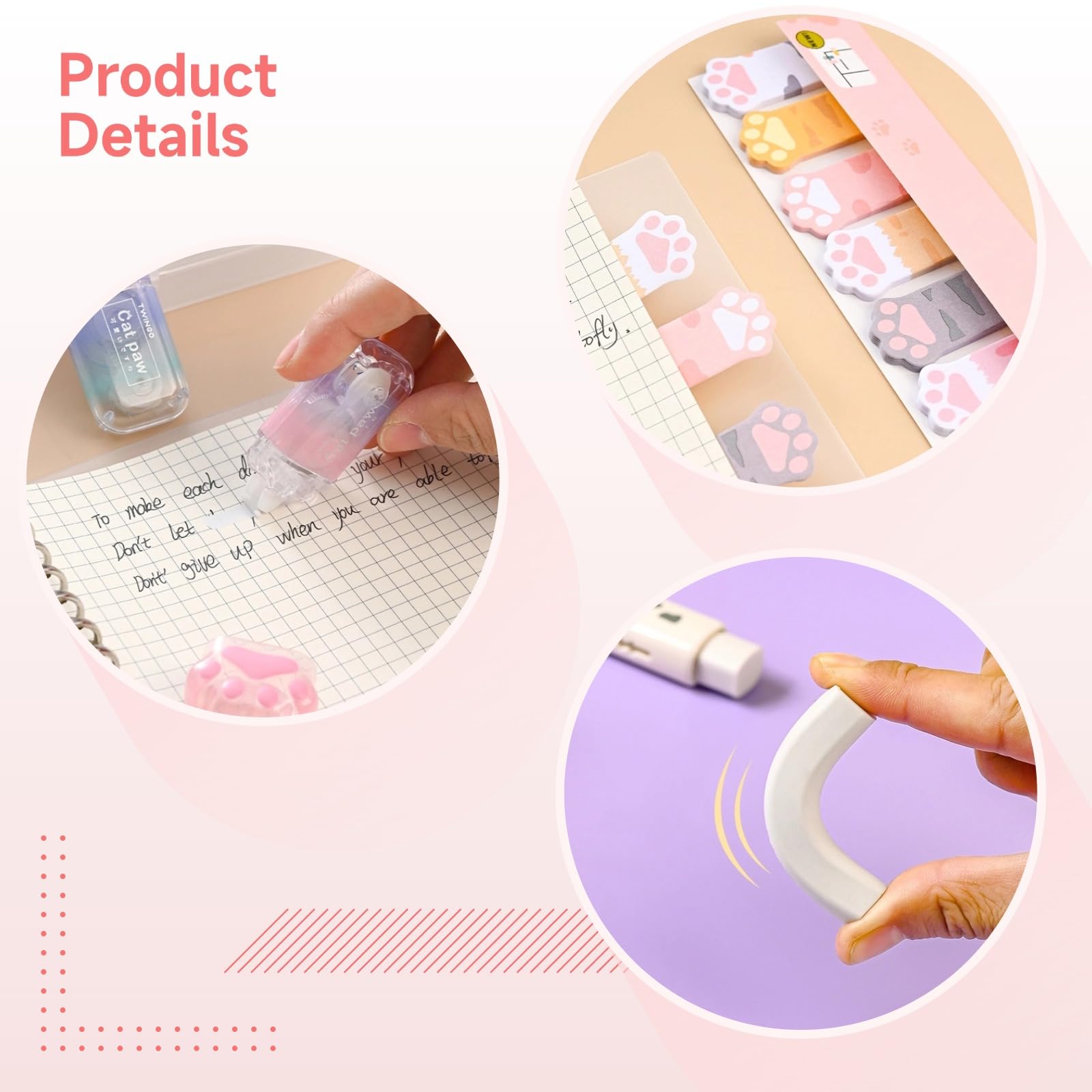 YOFAPA Cat Paw Stationery Set 10 Pieces, Kawaii School Office Supplies Kit, Cute Paw Print Design Highlighters, Ruler, Box Cutter, Writing Accessories for Students, Pink White Theme - Image 3