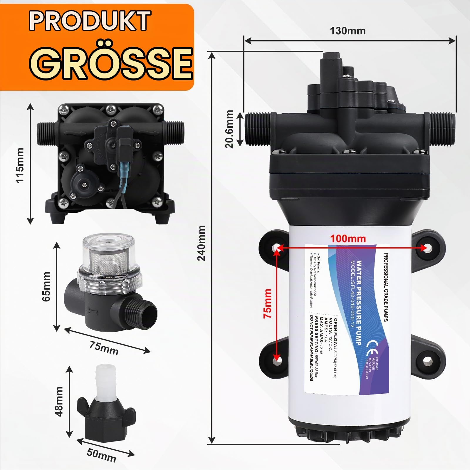 CPROSP Druckwasserpumpe 12v Wohnmobil 17L/min 60W, Membranpumpe Förderhöhe: 40M, Wasserpumpe Selbstansaugend Druckschalter 3.8Bar (55Psi), 4-Kammer-DC-Wasserpumpe für, Yacht, Camper, Marine, IP65