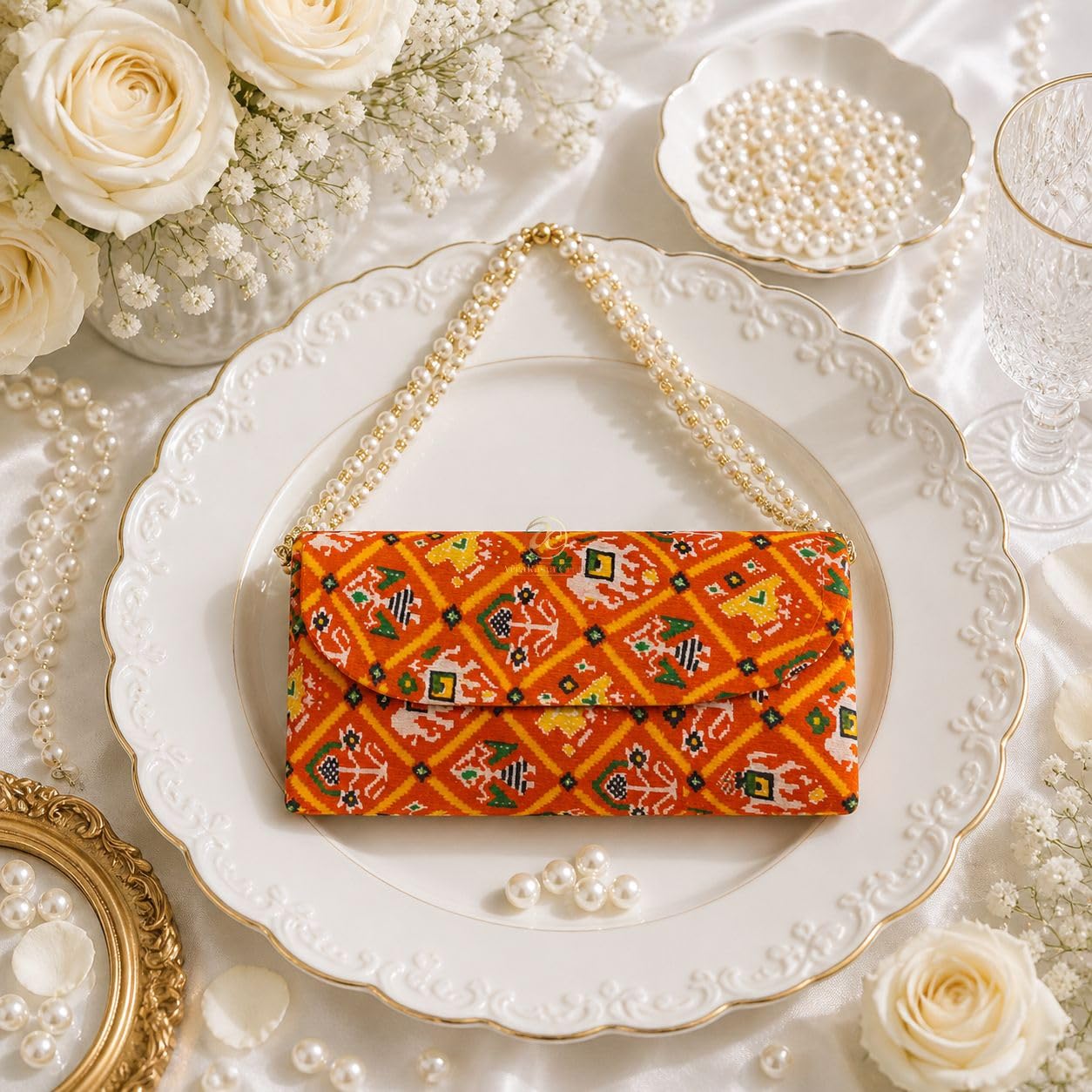 Premium Luxe Ethnic Clutch for Women | Traditional Patola Print Sling Bag with Detachable Golden Chain | Perfect Bridal & Wedding Guest Accessory | Single Piece-image-2