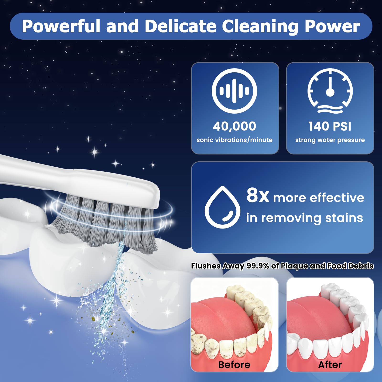 Cepillo de dientes eléctrico con hilo dental de agua, cepillo de dientes sónico 3 en 1 y irrigador dental de agua dental para limpieza de dientes adultos con 4 cabezales, sensible, cuidado de las