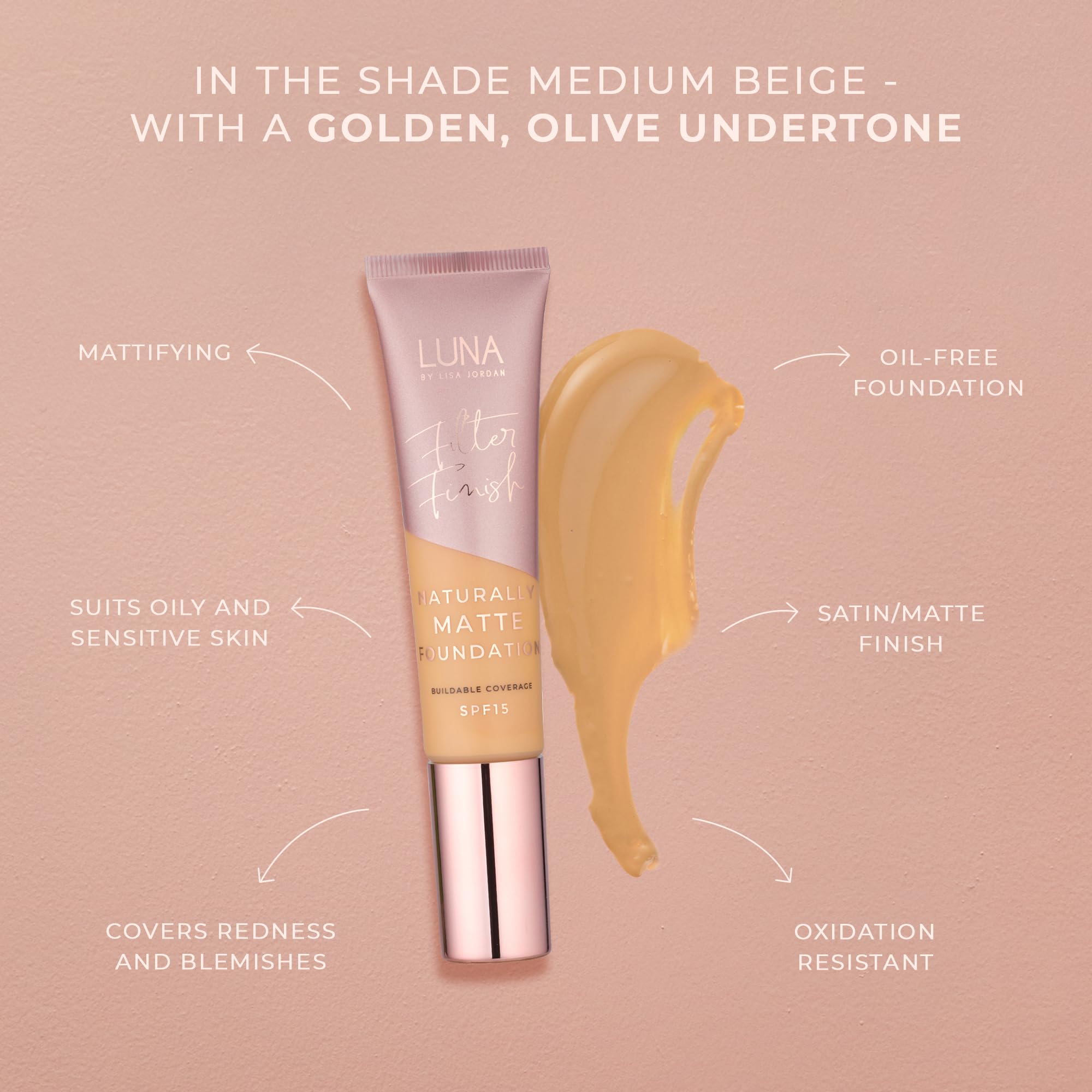 LUNA Matte Foundation in BEIGE Shade, Contains Vitamin E and SPF15, Oil-Free Face Foundations with Golden, Olive Undertone - Image 3