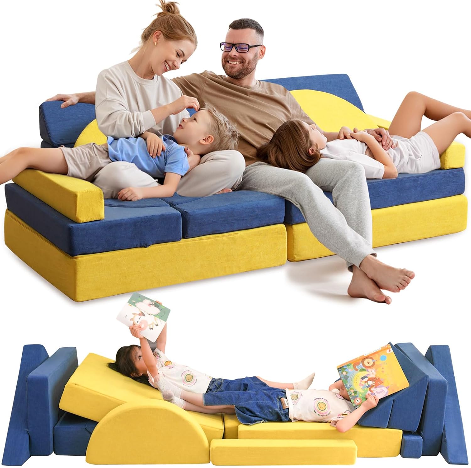 16PCS Modular Kids Couch, Large 63" Kids Play Couch Building Fort, Imaginative Convertible Kids Sofa,Floor Toddler Couch in Your Playroom/Indoor/Nursery Yellow & Blue