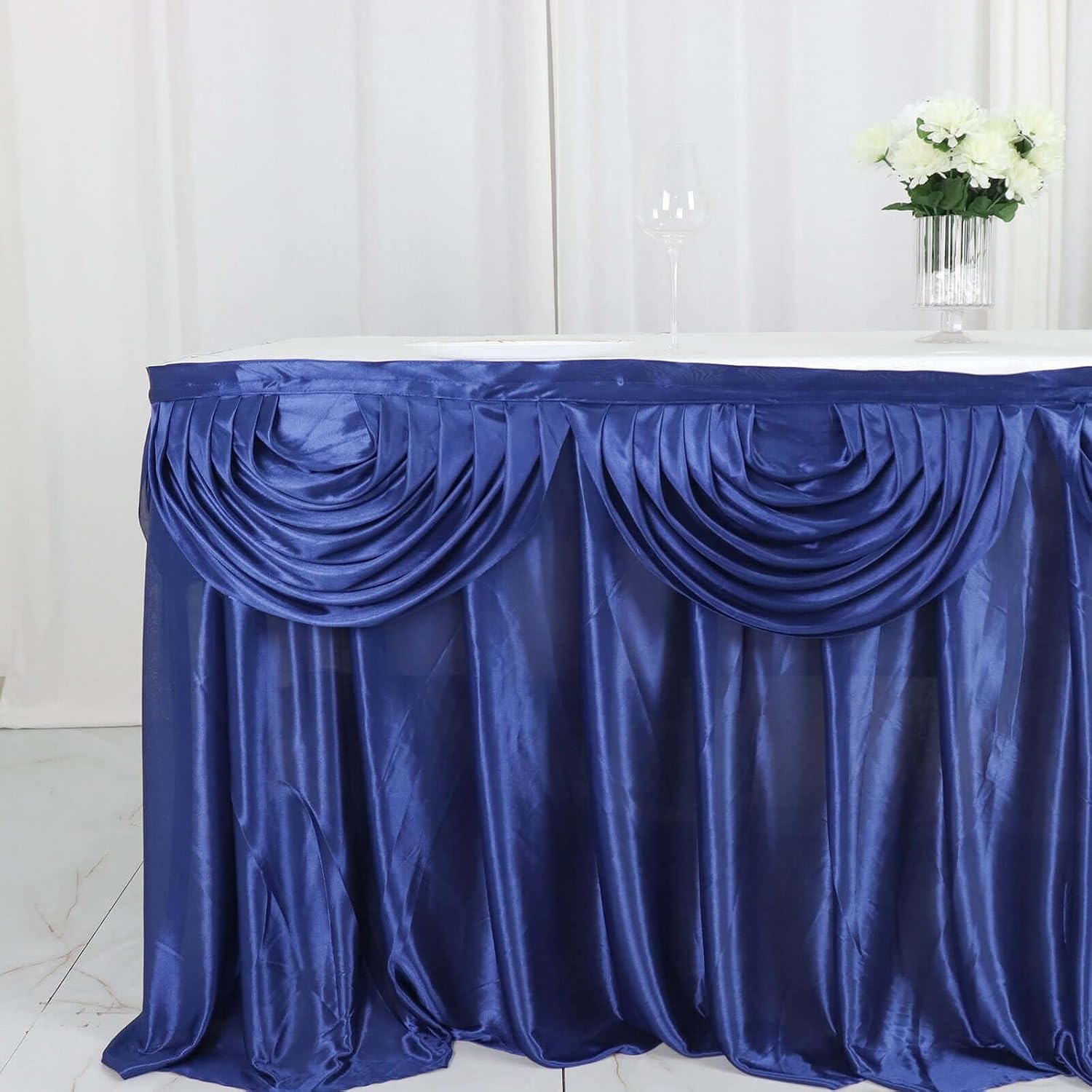 Tableclothsfactory Navy Blue Satin Double Drape Table Skirt for Kitchen Dining Catering Wedding Birthday Party Decorations Events 14ft