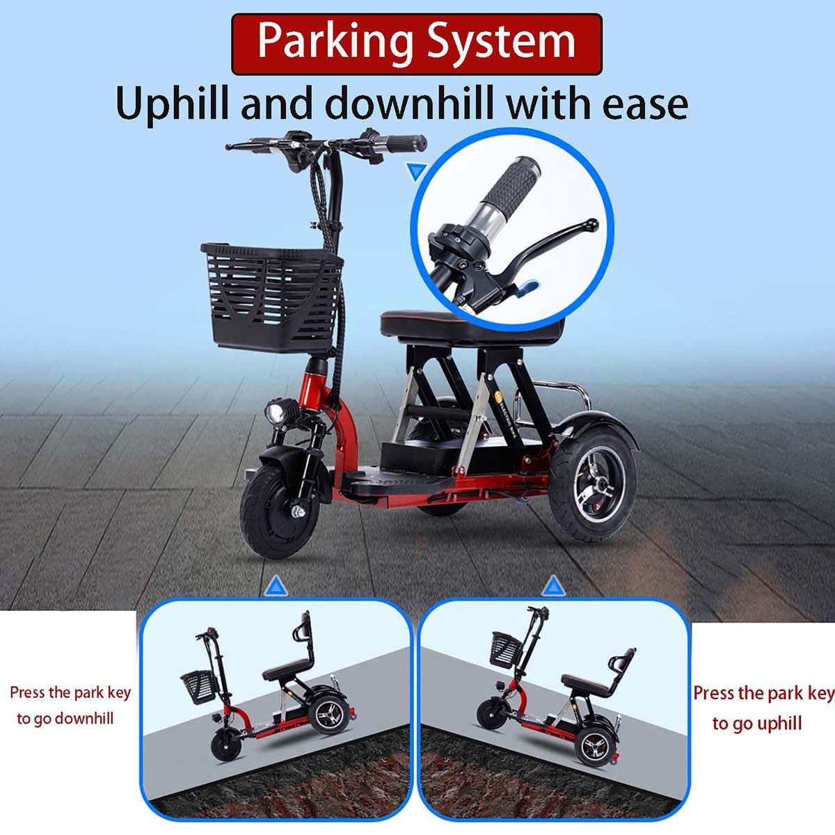 Patinete de movilidad de 3 ruedas para ancianos y discapacitados, diseño ligero, batería de hasta 30 km, asiento portátil y cómodo