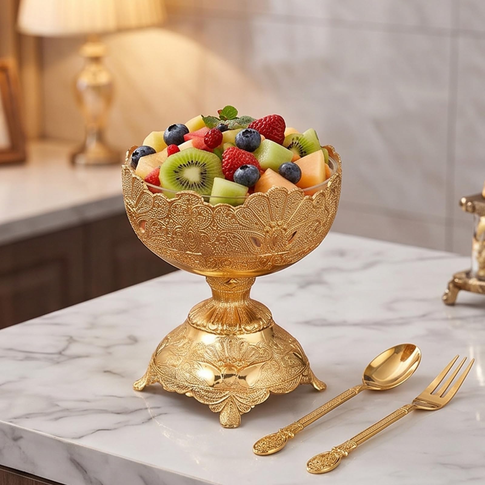 Pratico Set Coppe da Dessert in Vetro con Piede in Metallo, Incluso Cucchiaio e forchetta abbinati per Gelato, antipasto, coppetta per Gelato Europea
