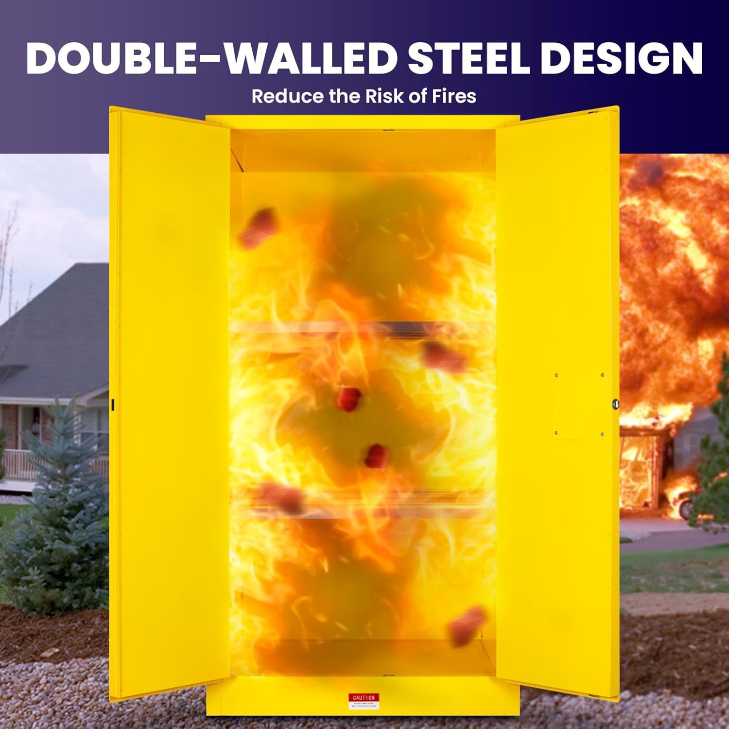 34" W × 34" D × 65" H Hazardous Material Flammable Storage Cabinets, 100 Gallon Fire Resistant Yellow Chemical Storage Locker with Leak-Proof Sump & 3-Point Locking System, Garage Cabinets for Lab
