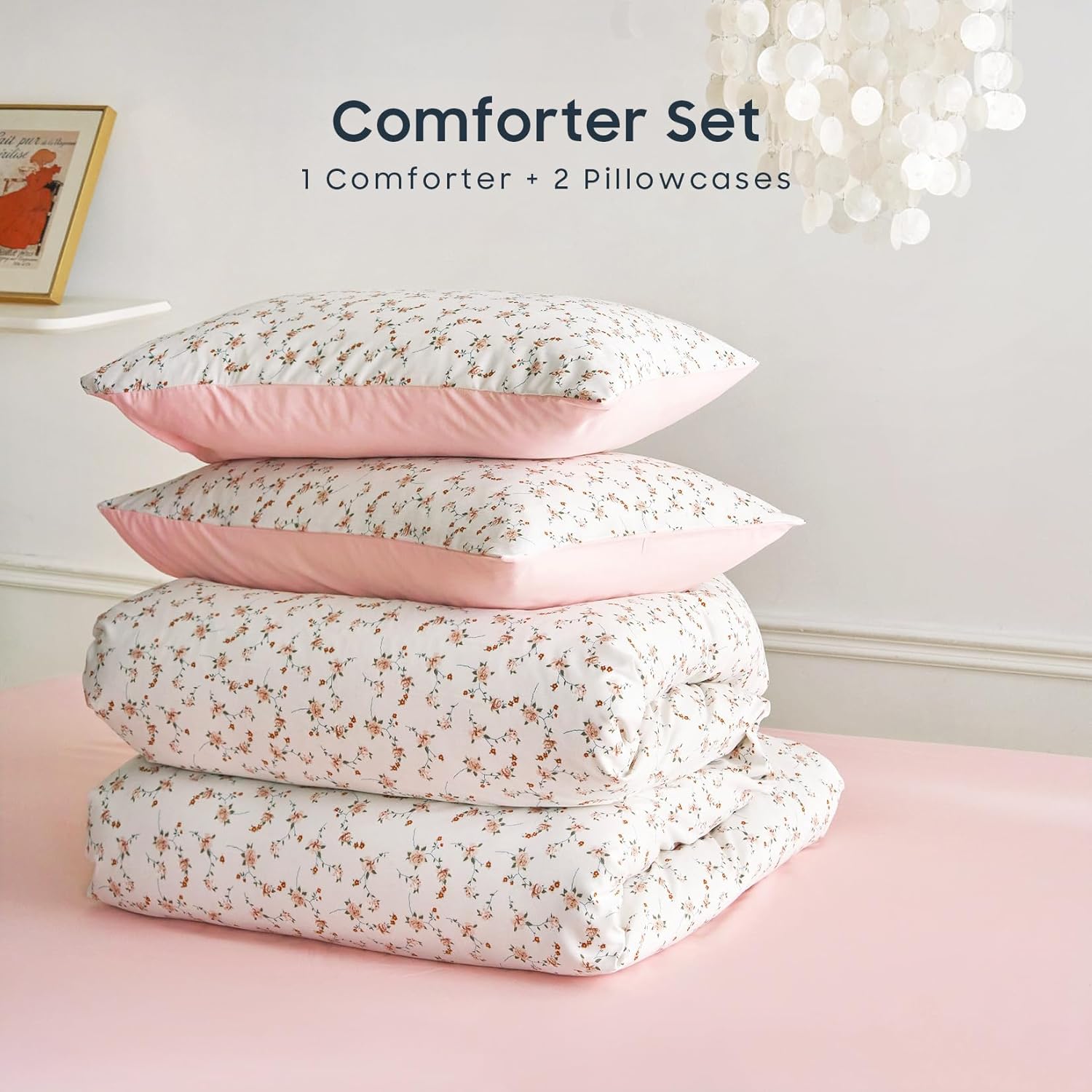 Wake In Cloud - Floral Comforter Set, Coquette Cottagecore Aesthetic Cute Flower Pattern for Women Teen Girls, Soft Lightweight Dorm Bedding, 3 Piece, Pink, Full Size - Image 2