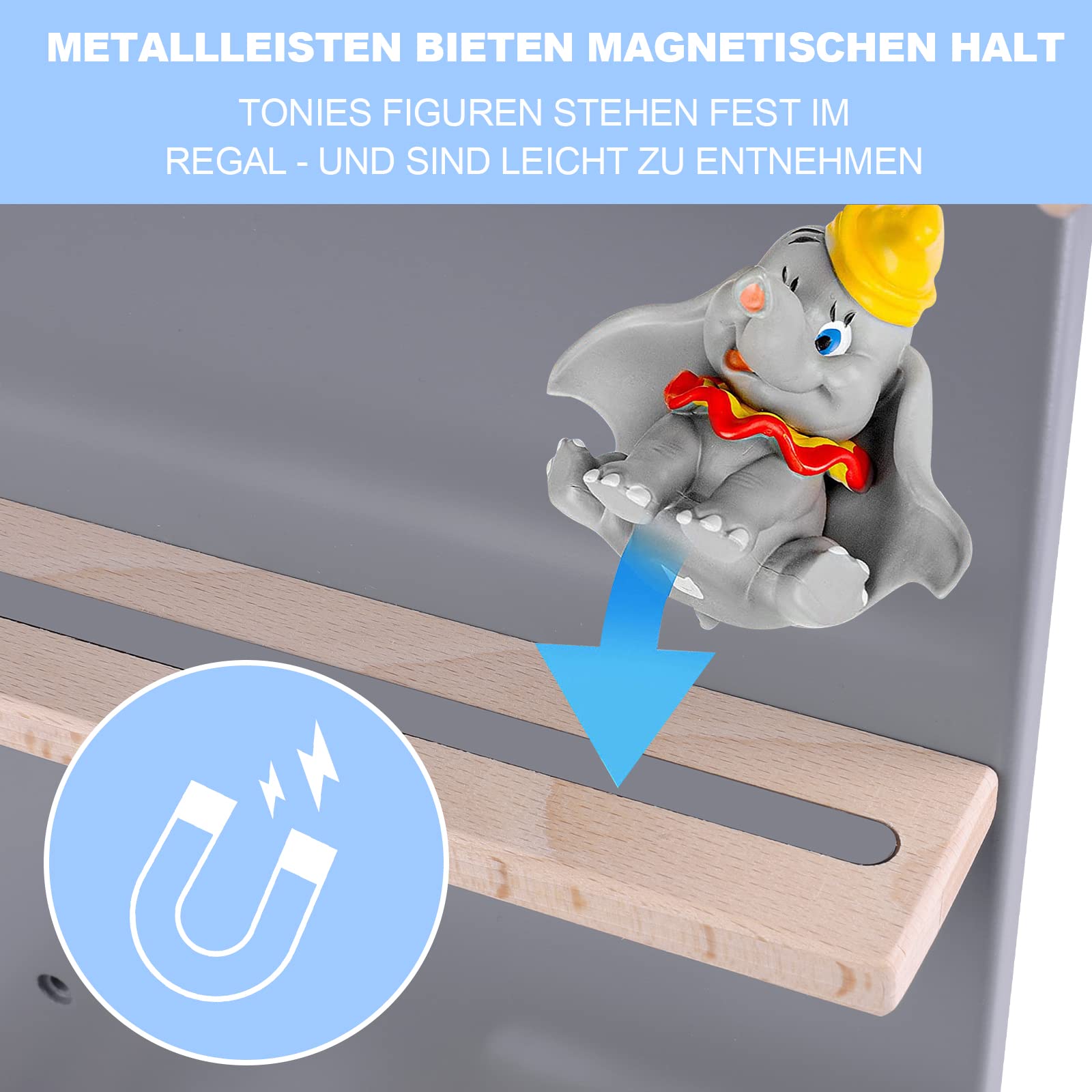 Dreamhigh® Estantería compatible con Toniebox y Tonies, estantería de pared en diseño de casa para más de 35 figuras, para colgar en la pared o de pie, 60 x 40 x 15 cm, color gris