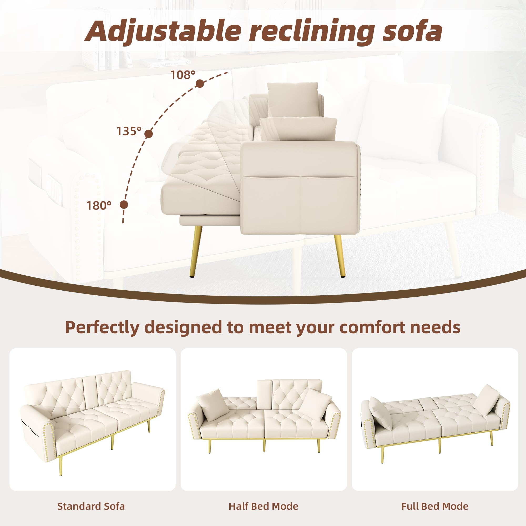 Sofá cama doble plegable con función reclinable, tres ángulos de inclinación ajustables y soporte para bebidas. Adecuado para sala de estar, dormitorio, cine en casa o habitación de invitados