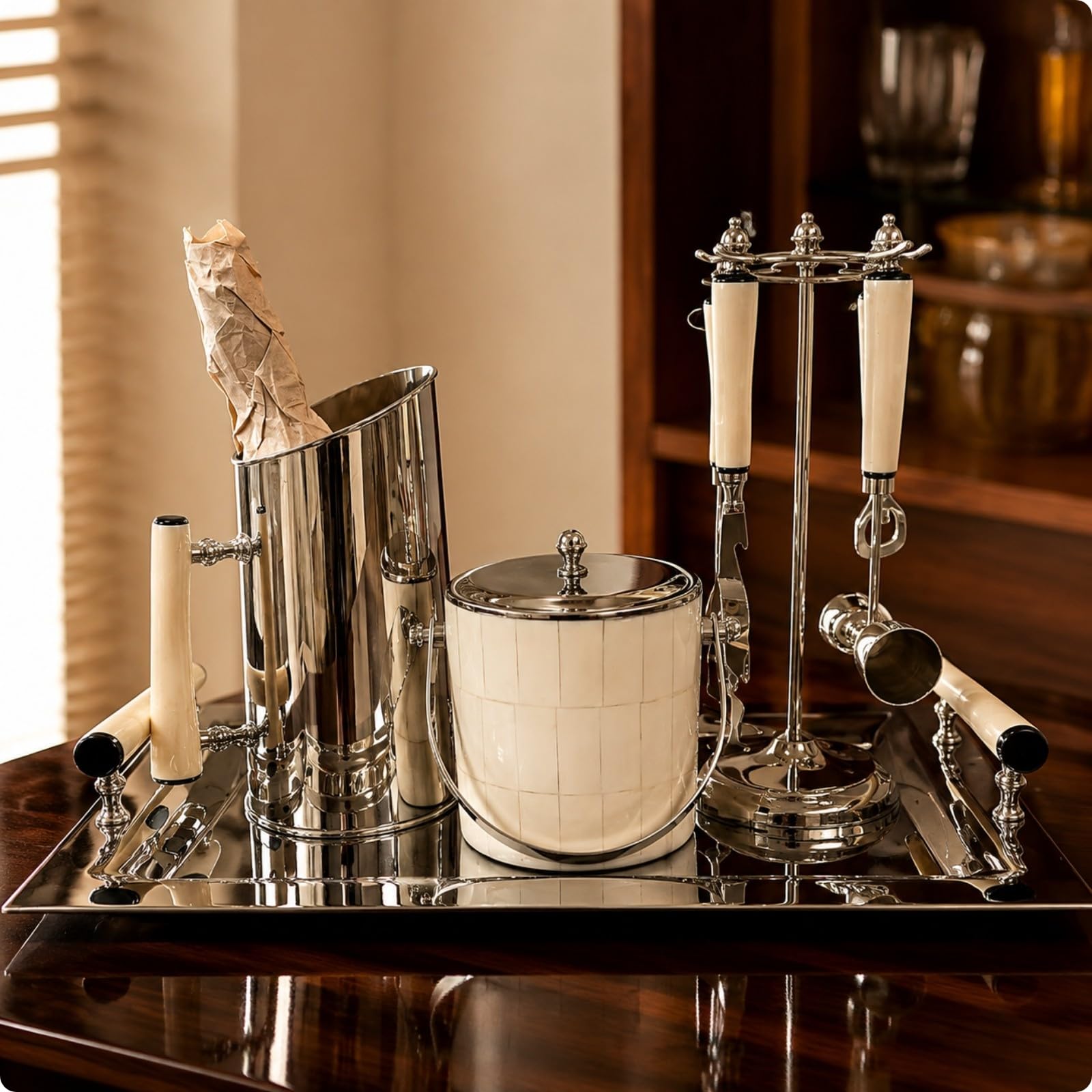 KESOTO Kit da Bar con Portautensili e Accessori | Elegante, Set da Bar in Acciaio Inox con Vassoio e Secchiello per il Ghiaccio, Pratico, Relax, Beige