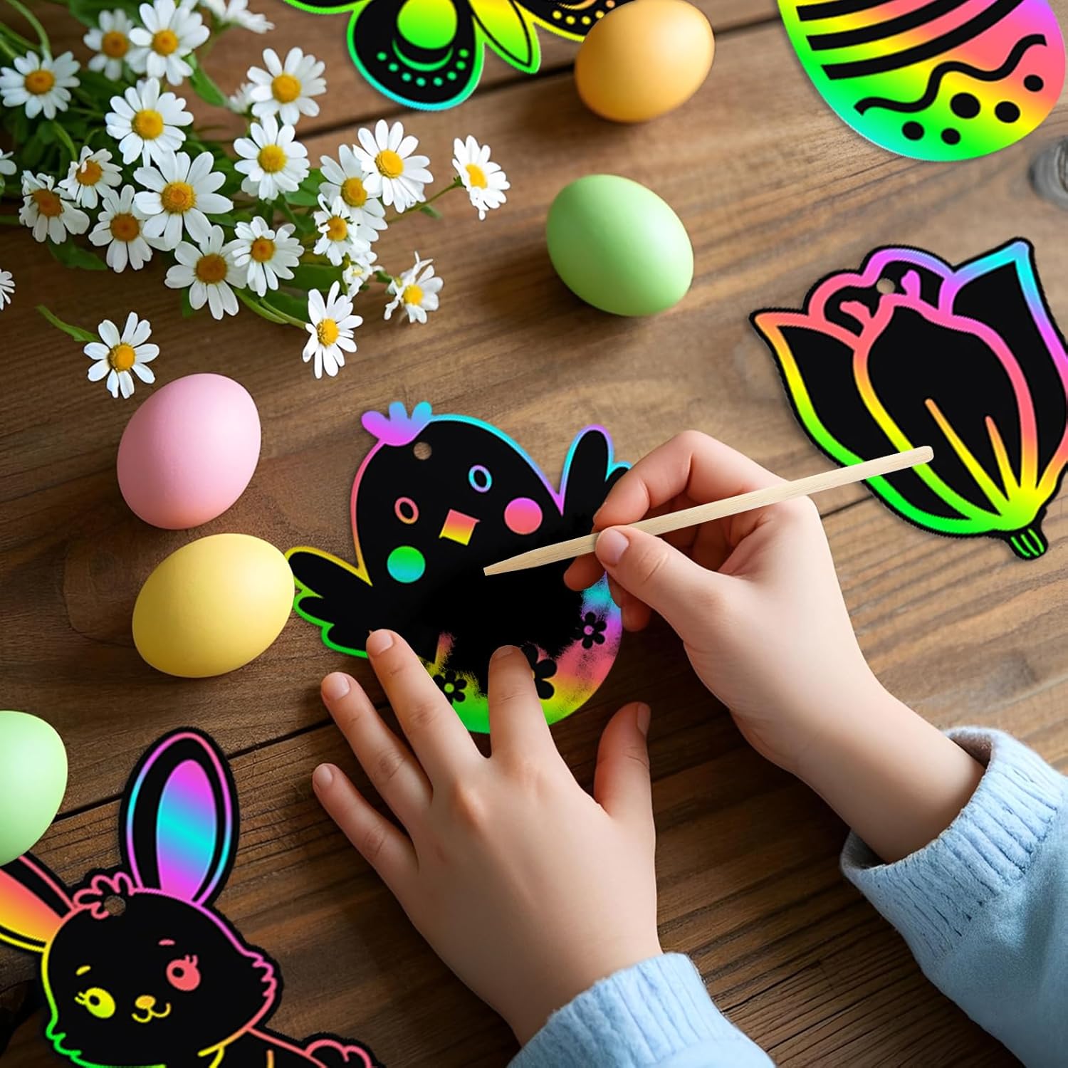 BruinBang 48 PCS Easter Scratch Cards DIY Magic Rainbow Color Scratch Art Sets Easter Crafts Fun Spring Classroom Art Activities Spring Hanging Ornaments Basket Stuffers Party Supplies Gifts