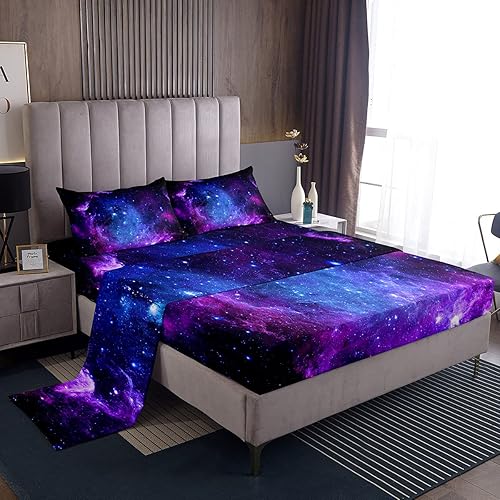 Miniatura 2 de Erosebridal Juego de sábanas de cielo estrellado azul y morado de 5 piezas y edredón de galaxia