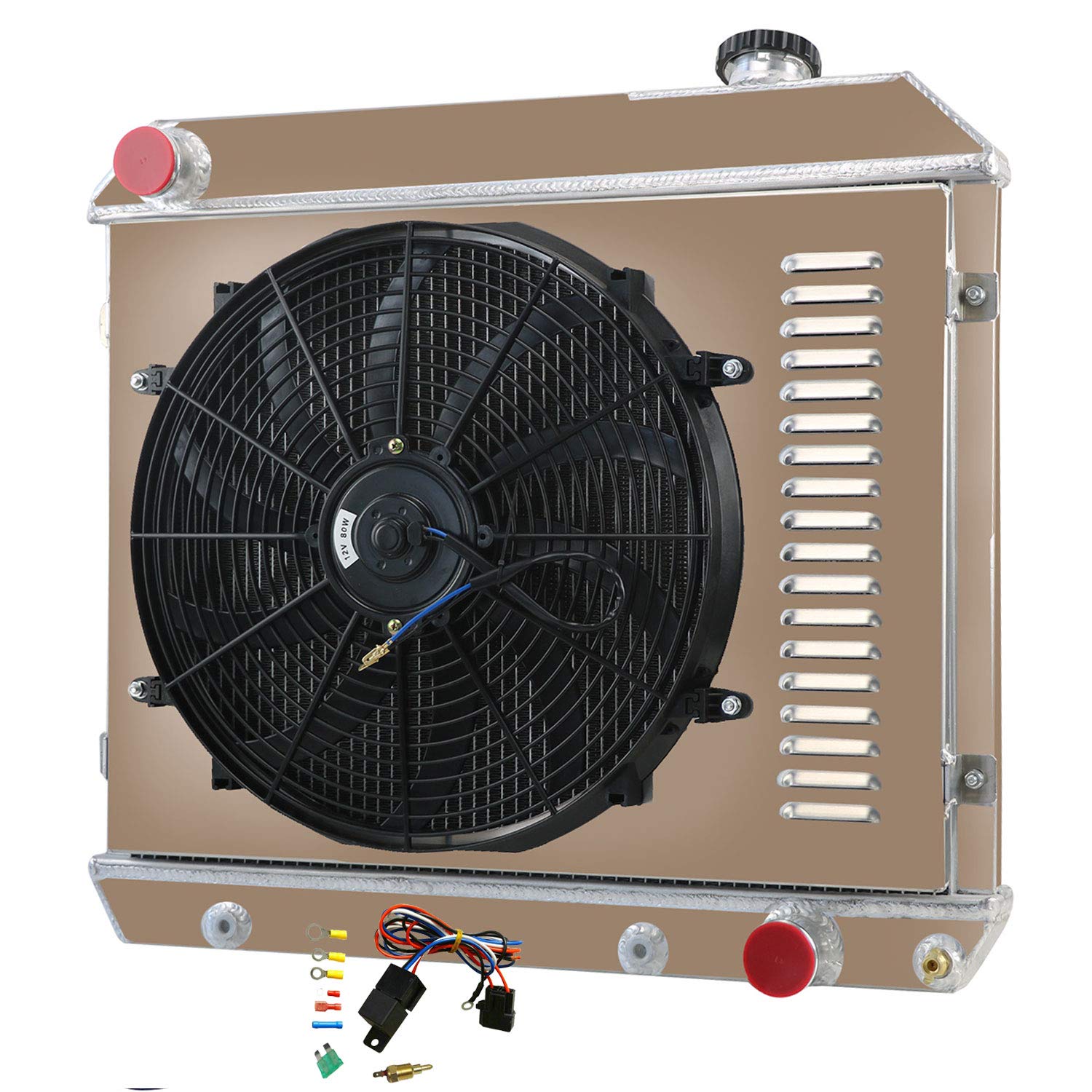 CoolingCare All Aluminum Radiator+ 16 inch Fan w/Shroud+ Fan Relay Kits for 1961-1966 Chevrolet C&K Series 10 20 30 (4Rows 62MM Core)