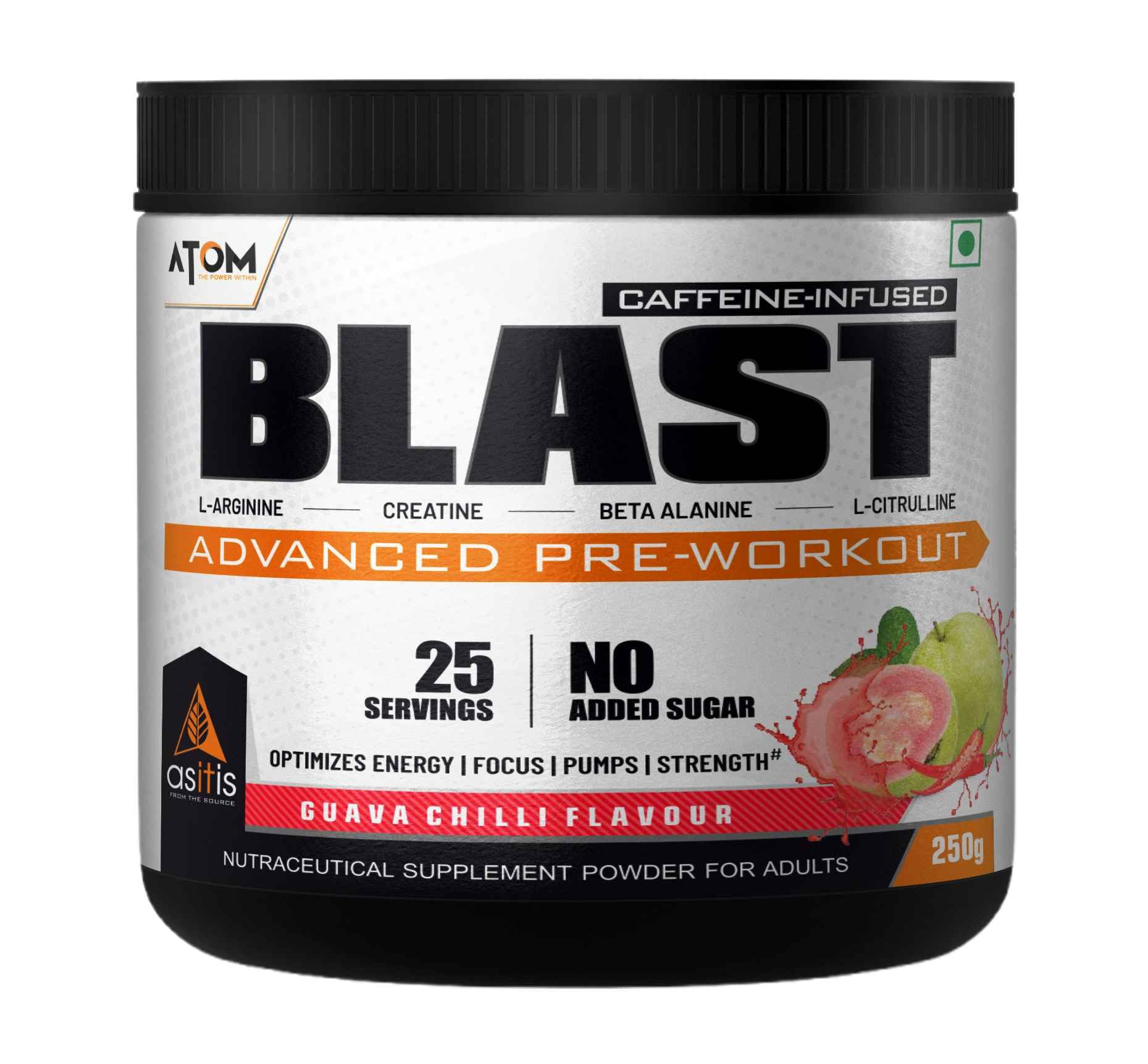 AS-IT-IS ATOM Blast Advanced Pre-workout 250gms | Caffeine & L- Arginine Infused | Optimizes Energy | Increase Strength & Pumps | Guava Chilli flavour