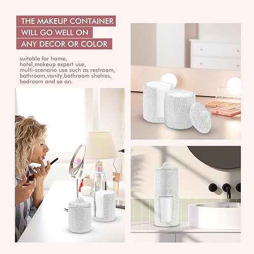 Miniatura 9 de KEYPOWER Almohadilla de bolas de algodón con diamantes de imitación, soporte dispensador de hisopos de acrílico con tapa, contenedor organizador