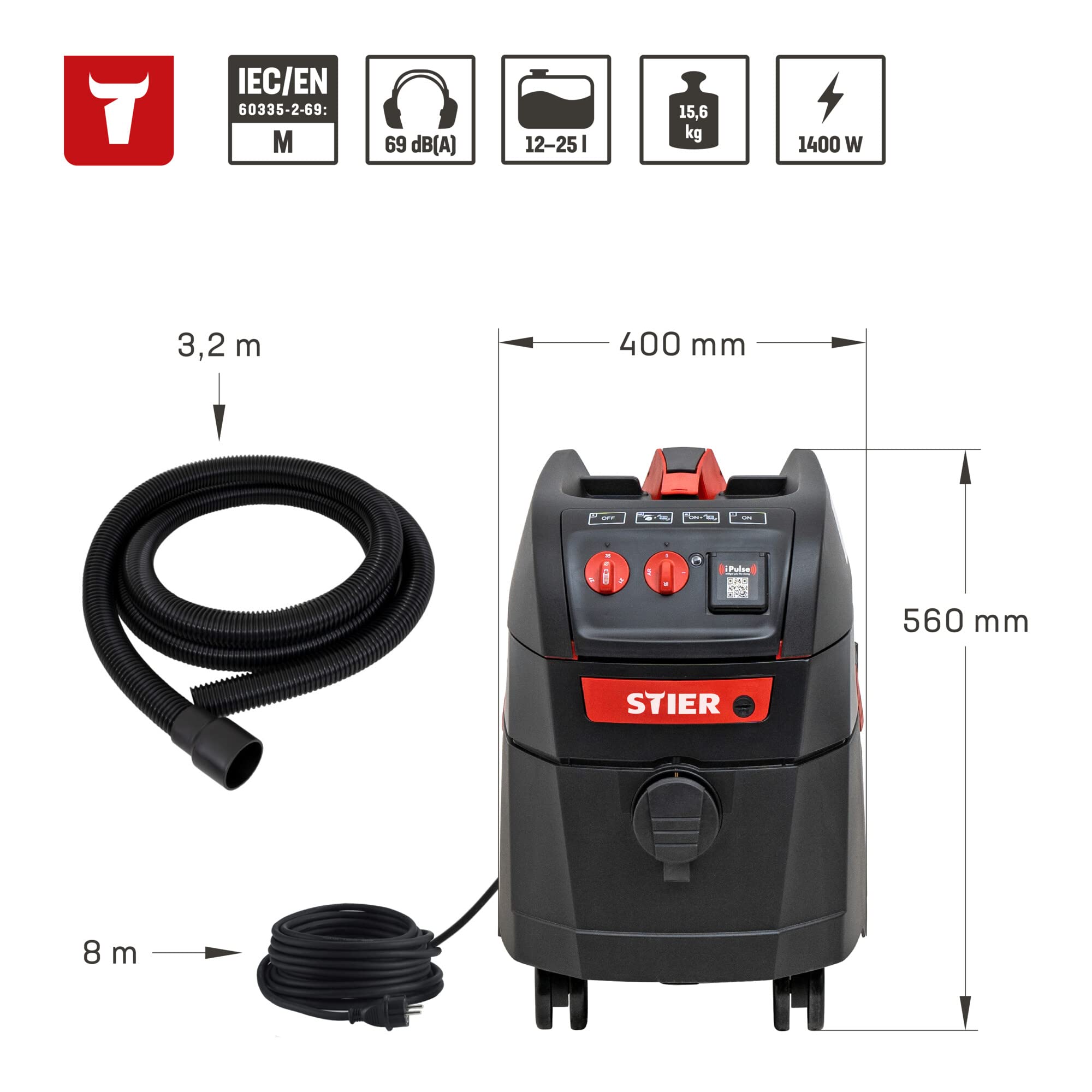 Aspirateur eau/poussières STIER ABS-35M Premium, 1 400 W, récipient de 35 l, rayon d'action de 13 m, nettoyage du filtre par impulsions, aspirateur certifié classe M, aspirateur d'atelier, aspirateur
