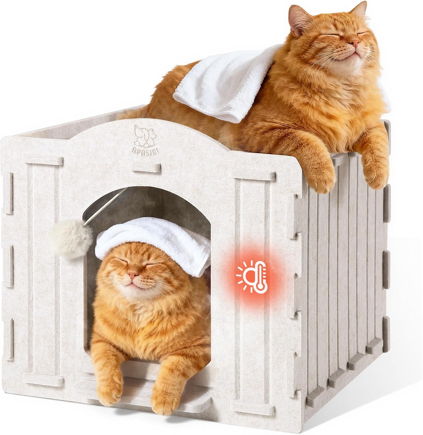 Apasiri Cat House Scratch-Resistant: Indoor Warm Enclosed Felt Bed Cave with Hanging Ball Toy, No-Tool Assembly Hideaway for Anxious Cats & Kittens, 13.4x13.4x9.85 Inch Interior Beige1 Warm Indoor Cat House