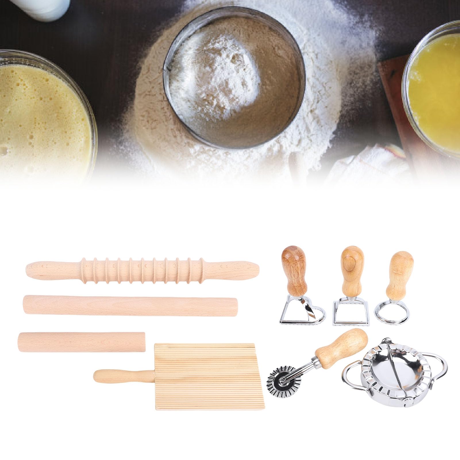 9-teiliges Werkzeugset Zur Herstellung von Gnocchi-Nudeln, Raviolischneider aus Edelstahl mit Rollenstift aus Buchenholz, Sichere Versiegelung für Hausgemachte Nudeln Knödel